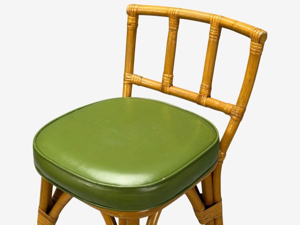 Dutch Modern, Bamboo, Green Leather, Three Barstools, Netherlands, 1970s