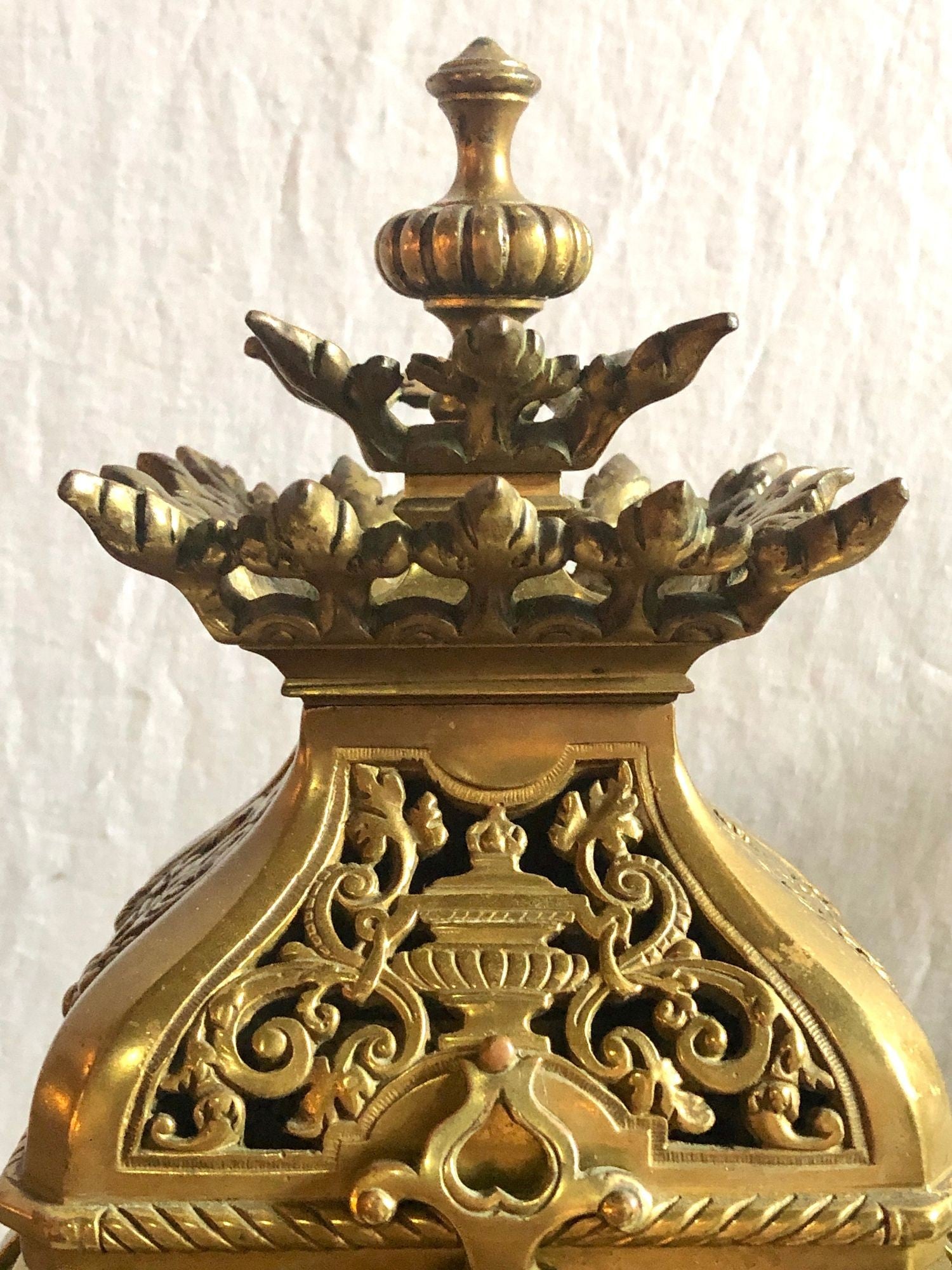 19th Century Gothic Style J.E. Caldwell Gilt Bronze Clock Garniture Set