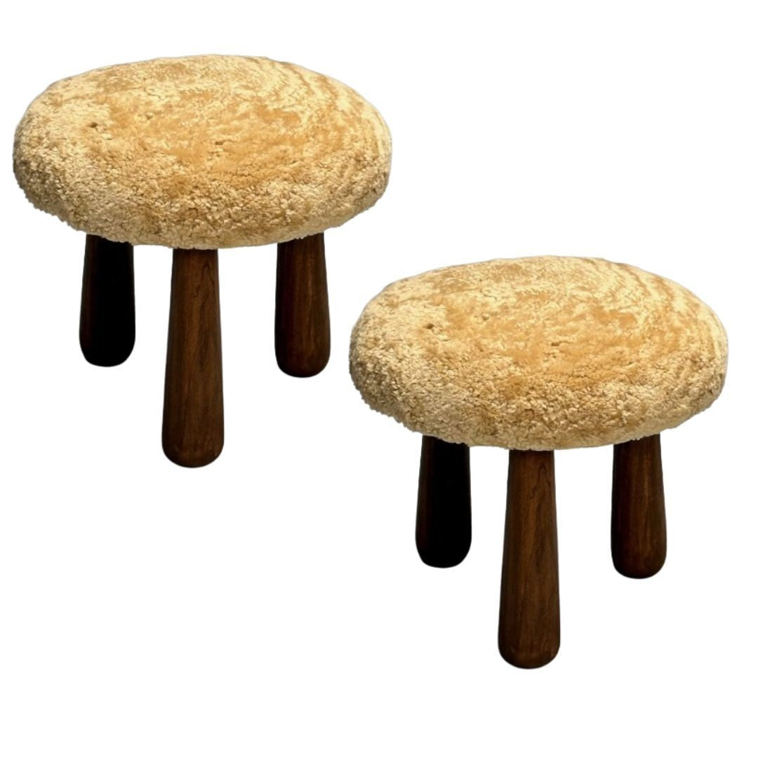 Contemporary, Danish Modern, Sheepskin Stools, Beige Sheepskin, Maple, 21st C.