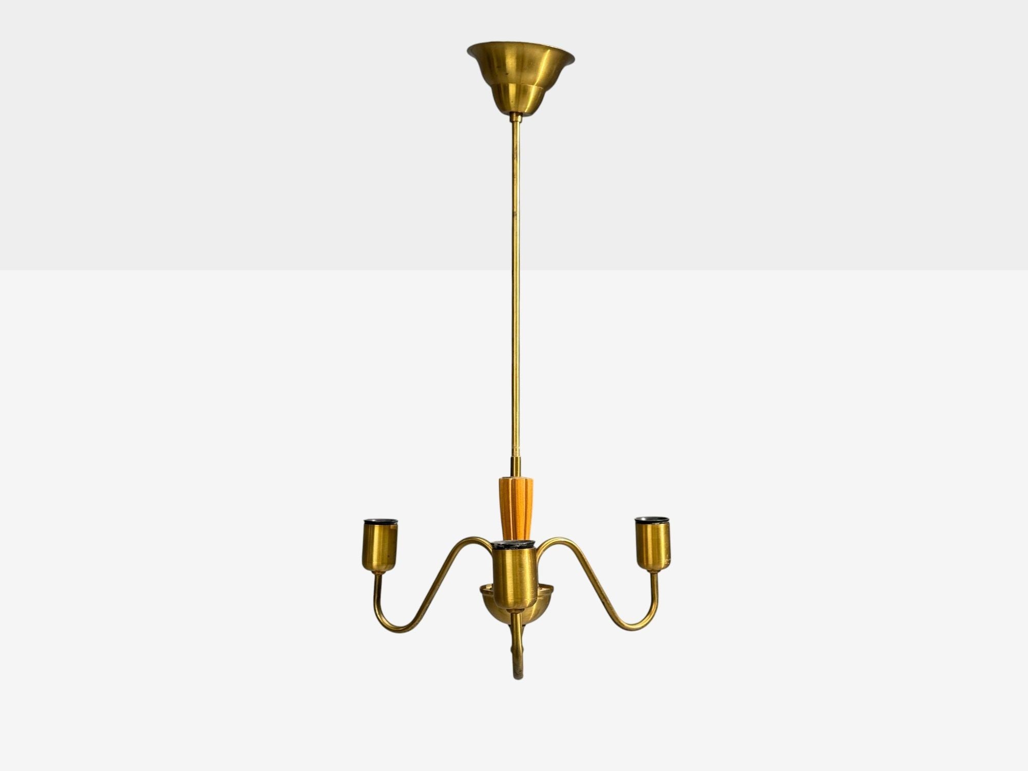 Swedish Modern, Pendant Light, Brass, Wood, Sweden, 1940s
