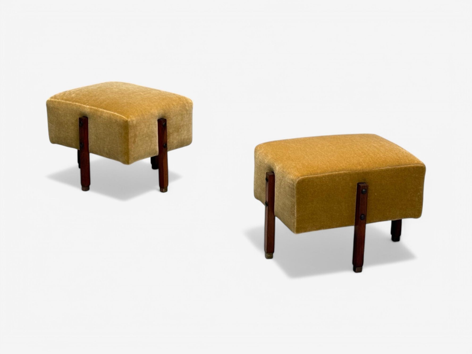 Italian Mid-Century Modern, Stained Wood, Camel Mohair, Ottomans, Italy, 1960s