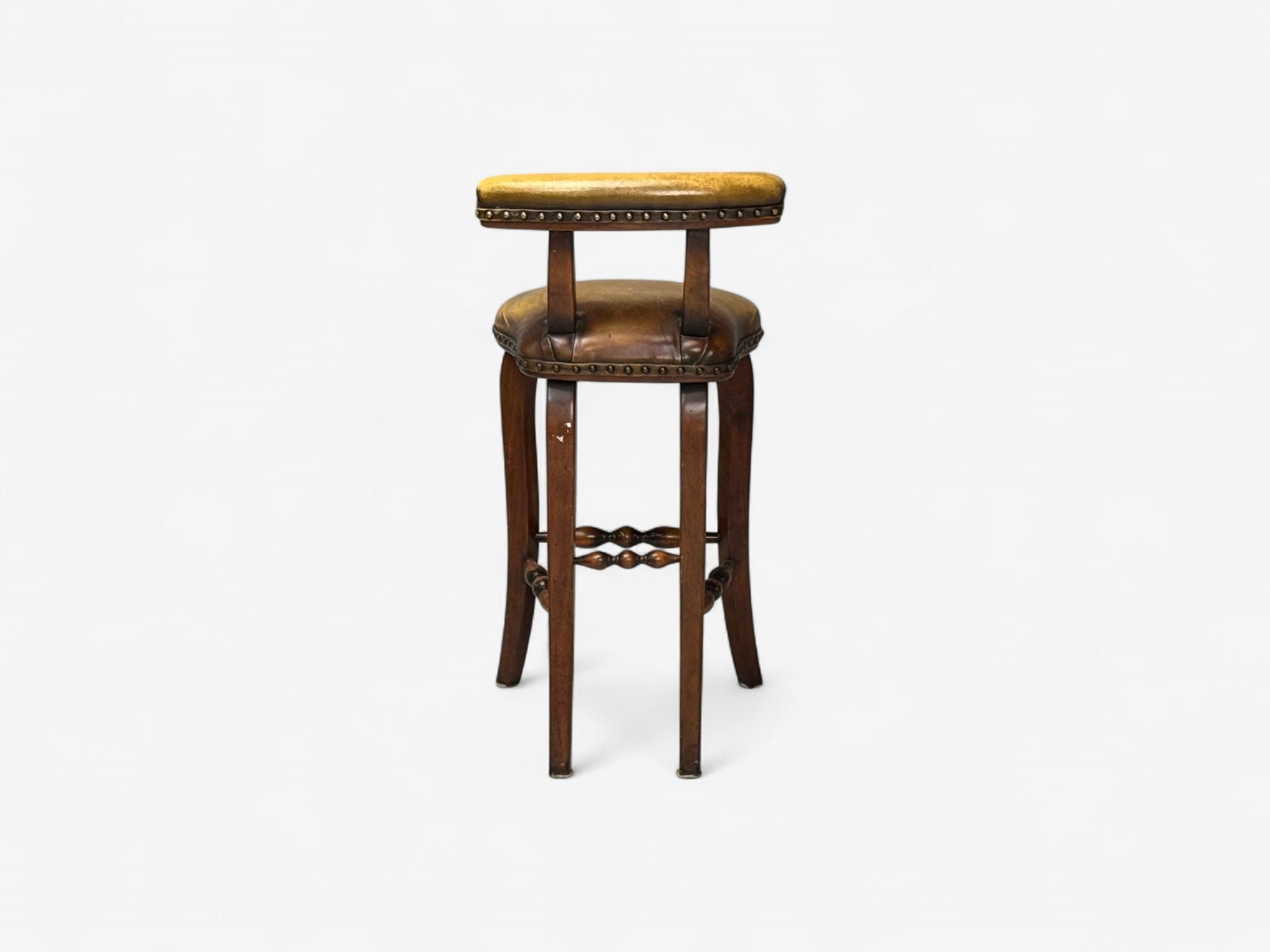 Georgian Style, Distressed Brown Leather, Stained Wood, Six Bar Stools, 20th C.