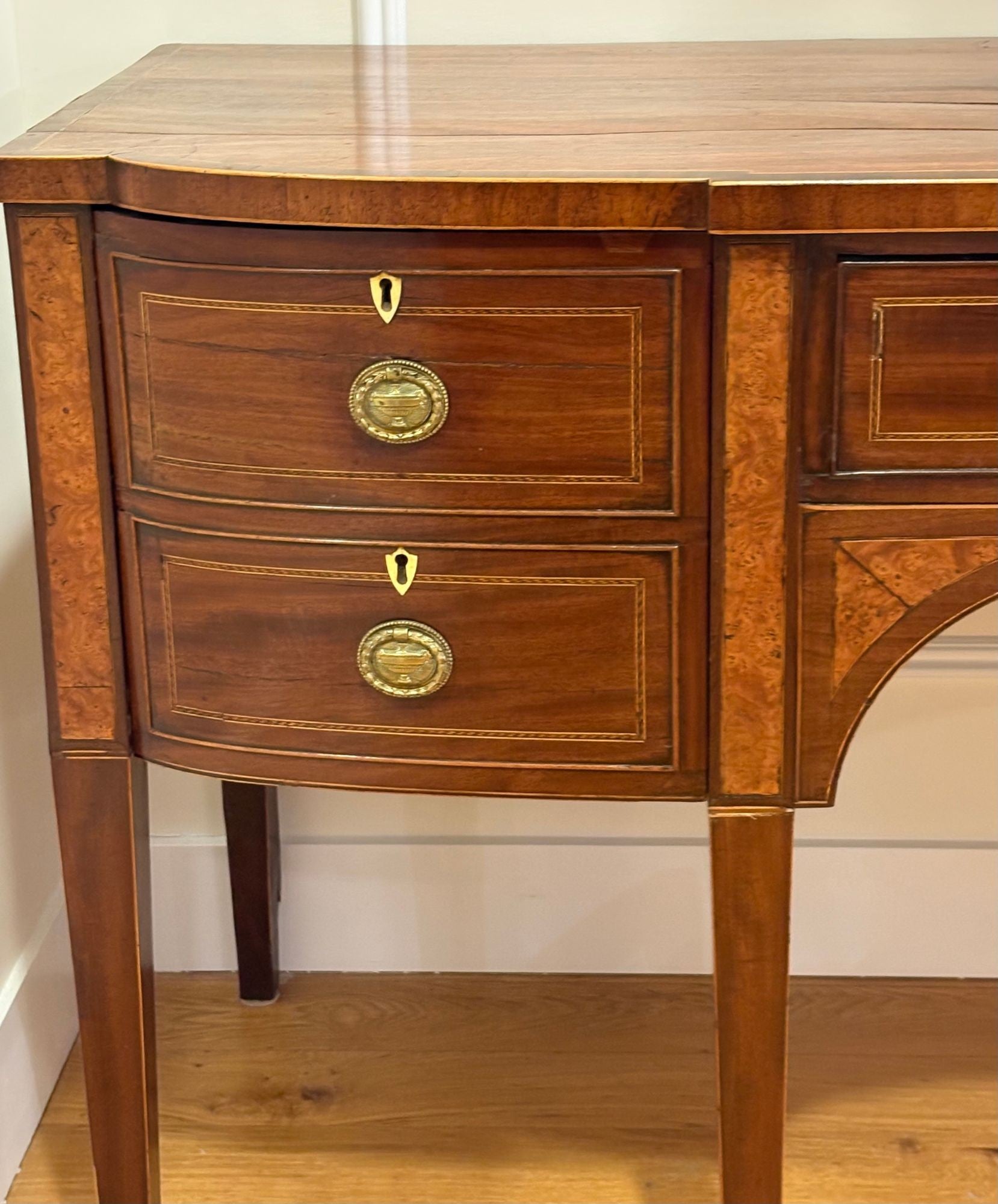 George lll, Mahogany, Inlaid Wood, Satinwood, Brass, Sideboard, England, 18th/19th C.