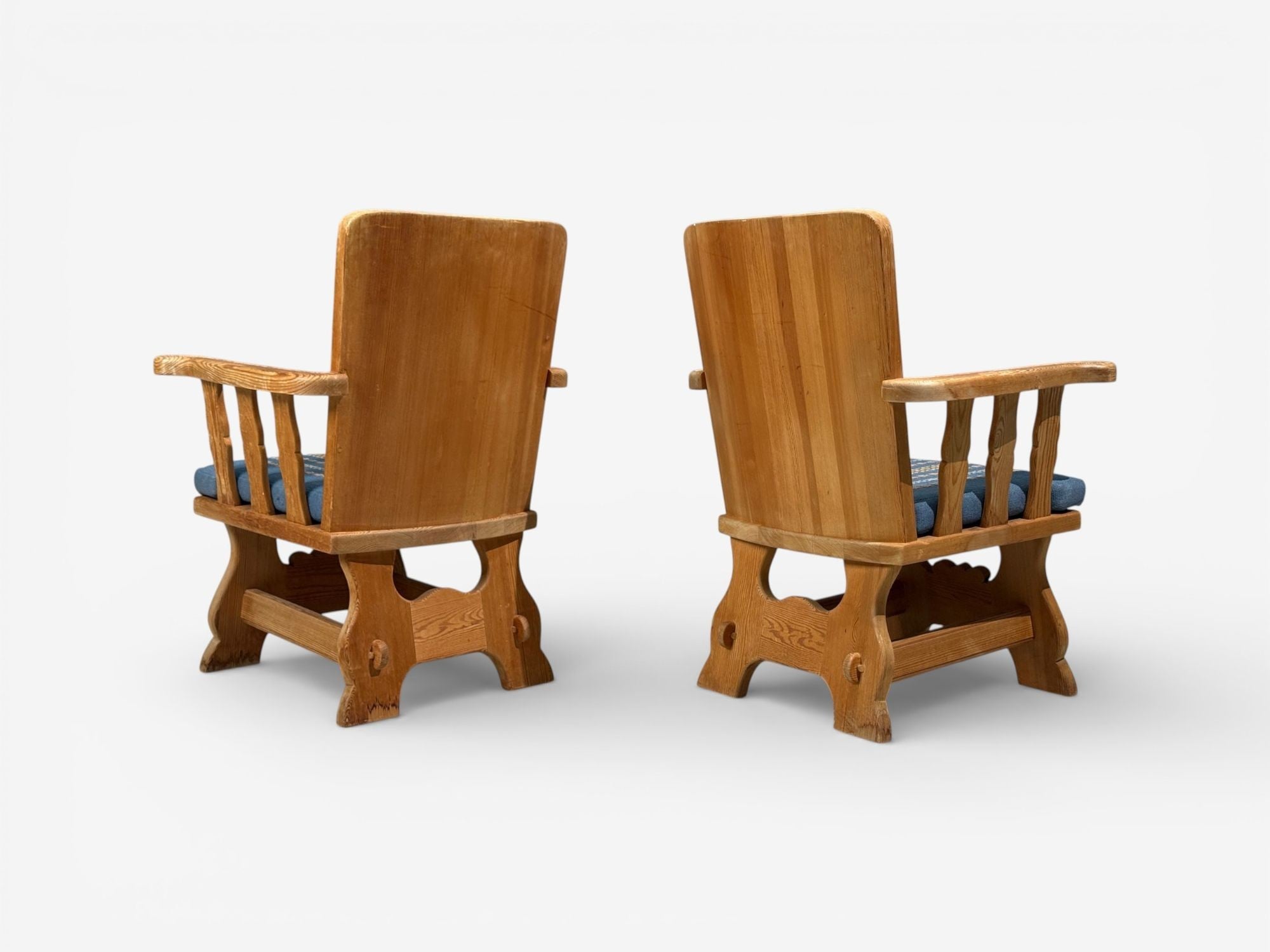 Krogenæs Møbler, Armchairs, Pine, Blue Fabric, Norway, 1970s