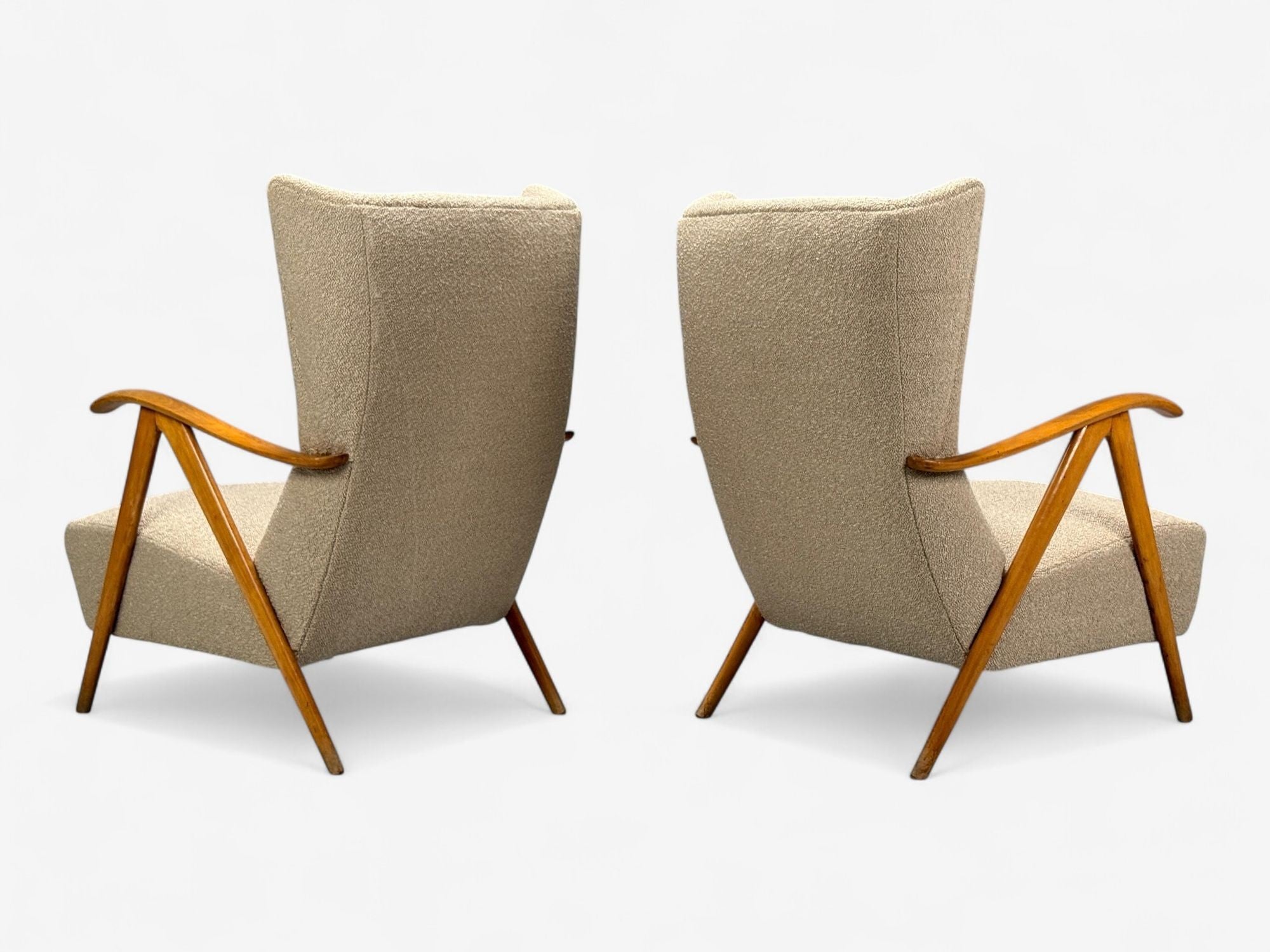 Italian Modern, Beige Boucle, Wood, Sculptural Lounge Chairs, Italy, 1960s