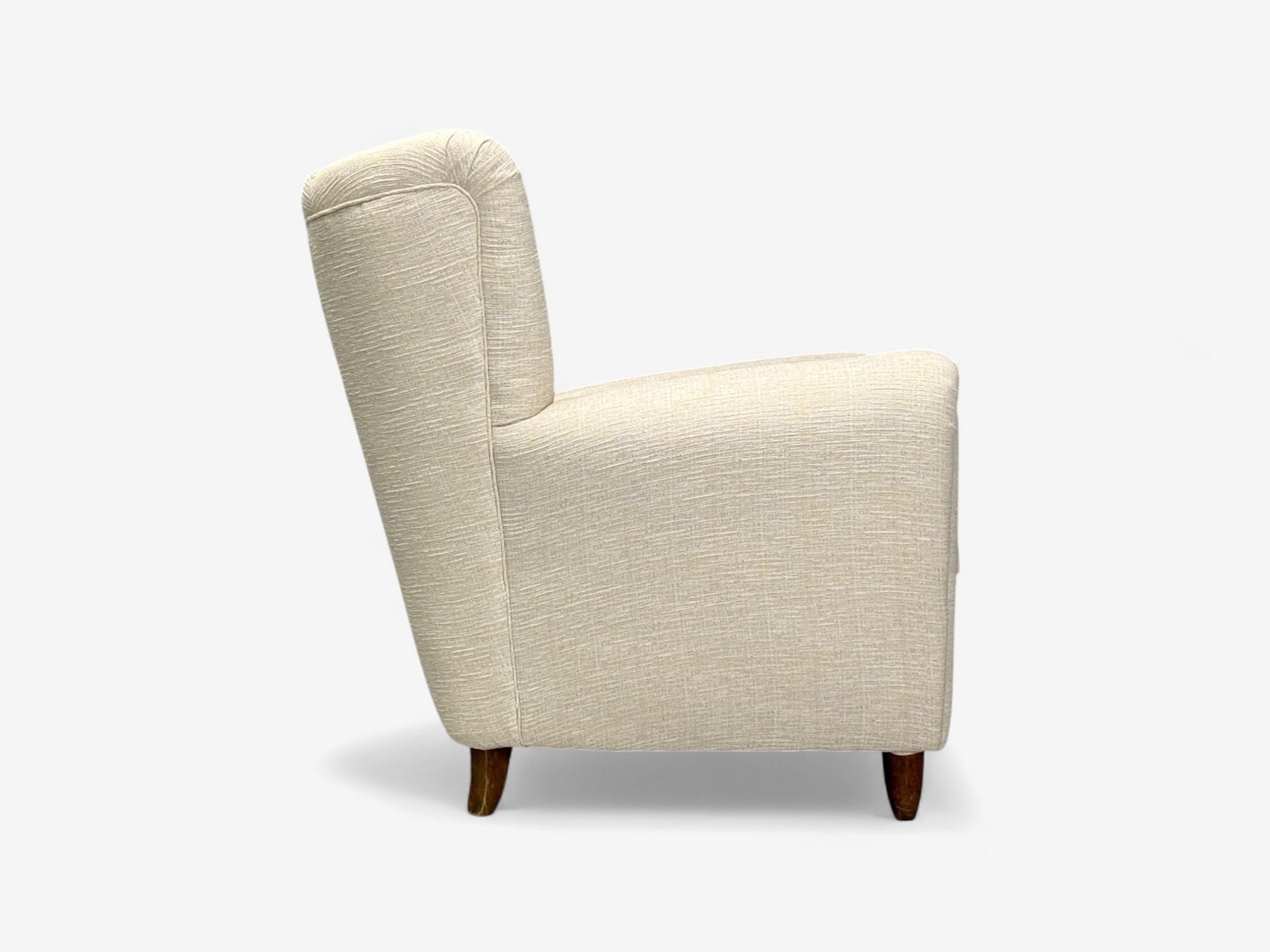 Italian Modern, Stained Wood, Beige Tweed Fabric, Club Chairs, Italy, 1940s