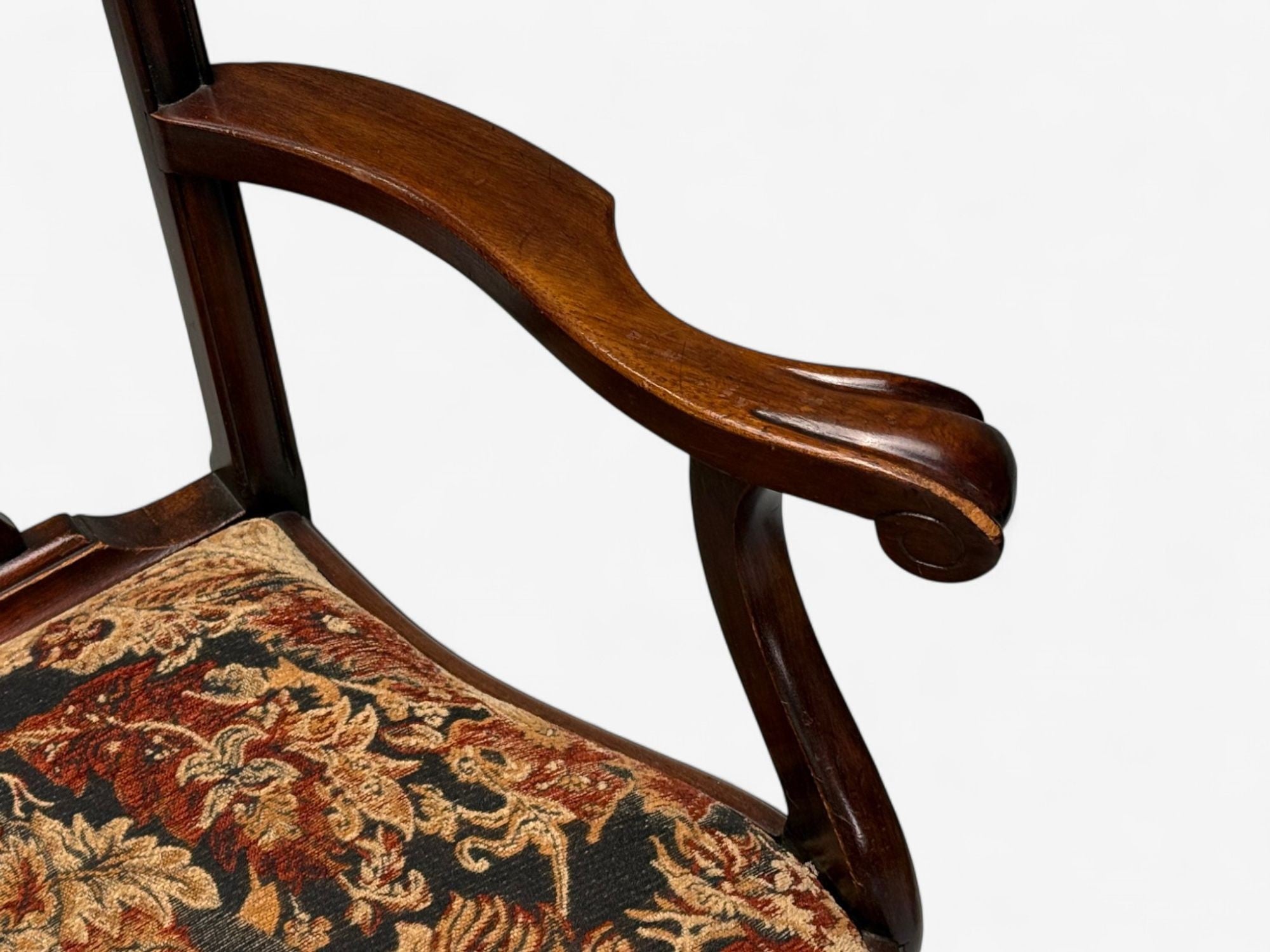 Georgian, Mahogany, Fabric, Six Chippendale Dining Chairs, England, 1960s