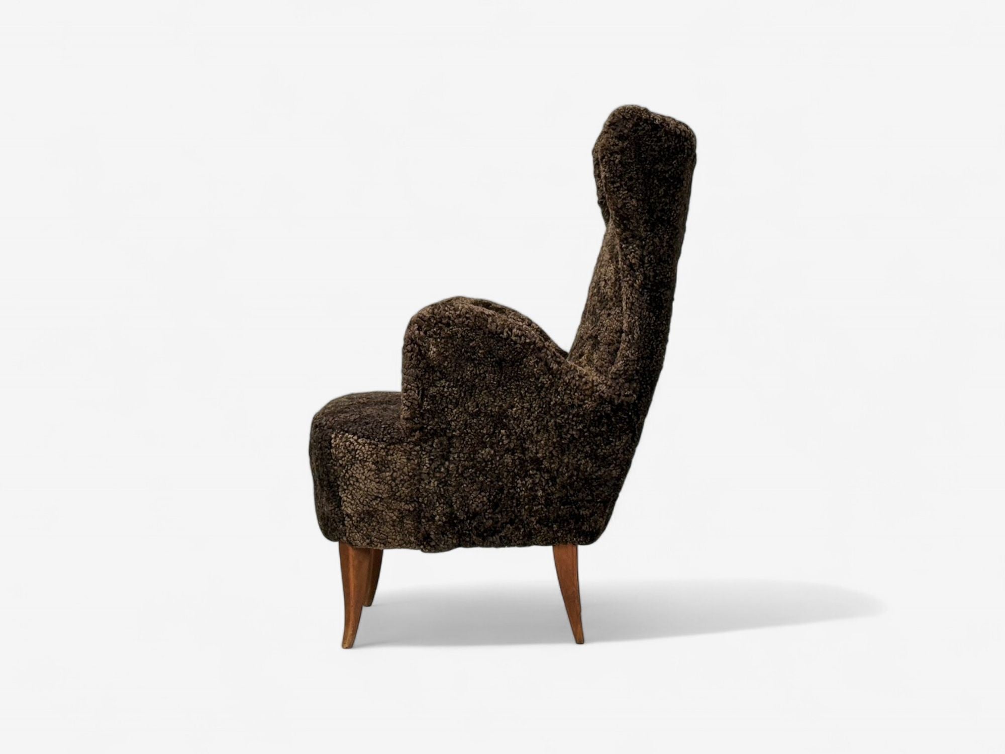 Italian Modern, Espresso Shearling, Walnut, Organic Lounge Chairs, Italy, 1950s