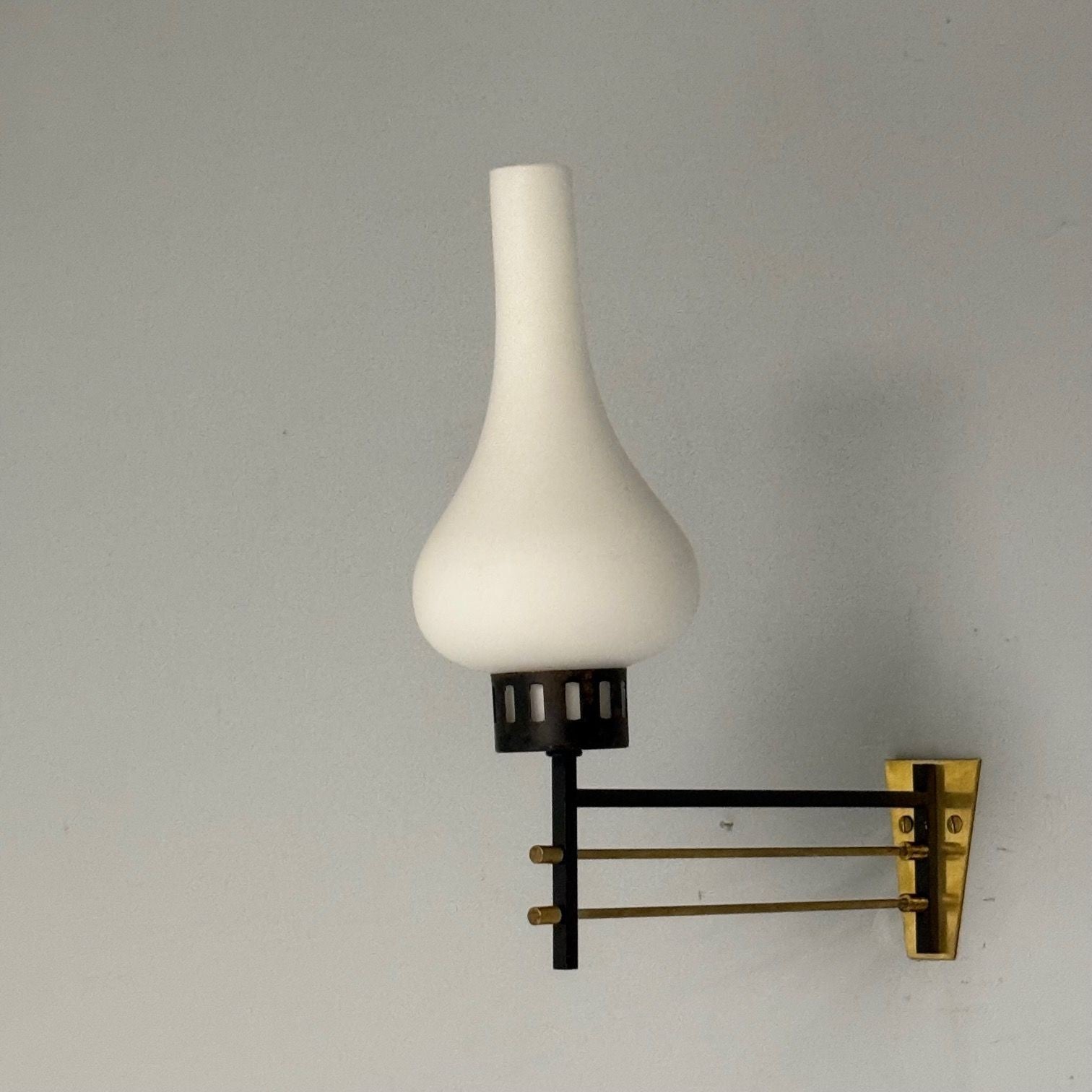 Italian Mid-Century Modern, Wall Sconces, Patinated Brass, Opaline Glass, 1950s