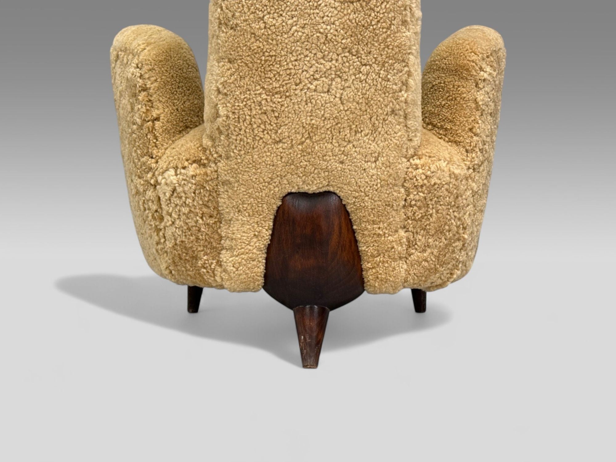 Renzo Zavanella, Honey Sheepskin, Wood, Rare Lounge Chairs, Italy, 1950s