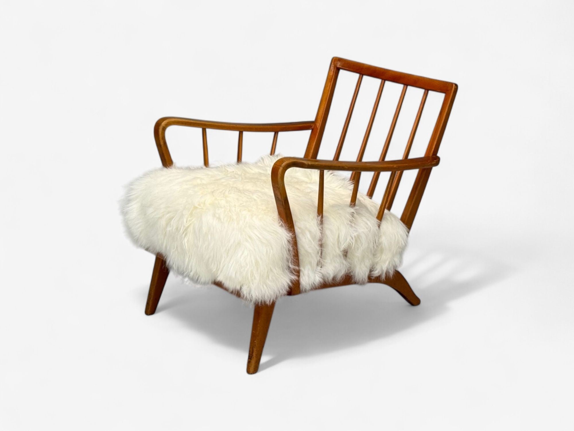 Danish Modern, Beech, Mongolian Fur, Lounge Chair, Denmark, 1950s