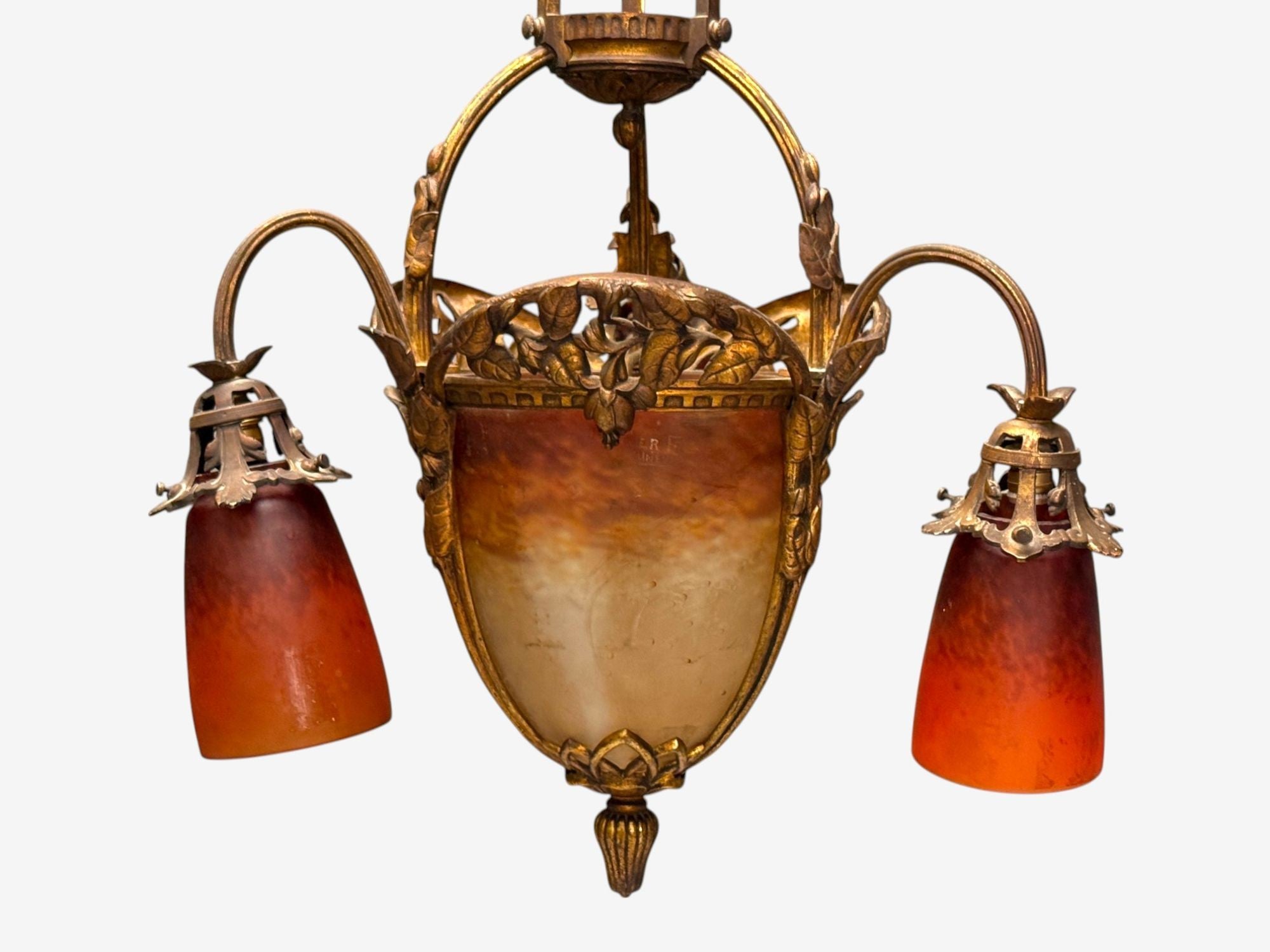 Muller Frères, French Art Deco, Bronze, Glass, Chandelier, France, 1920s