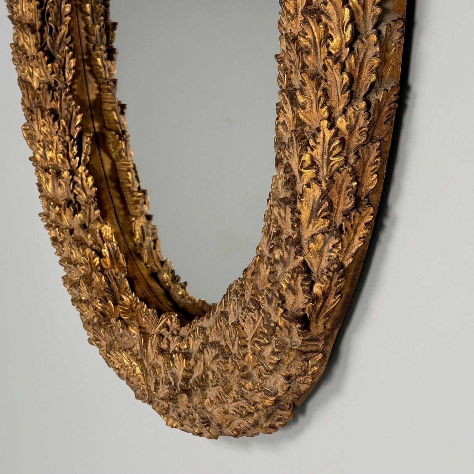 Hollywood Regency, Large Oval Wall Mirrors, Carved Giltwood, Leaf Motif, 21st C.