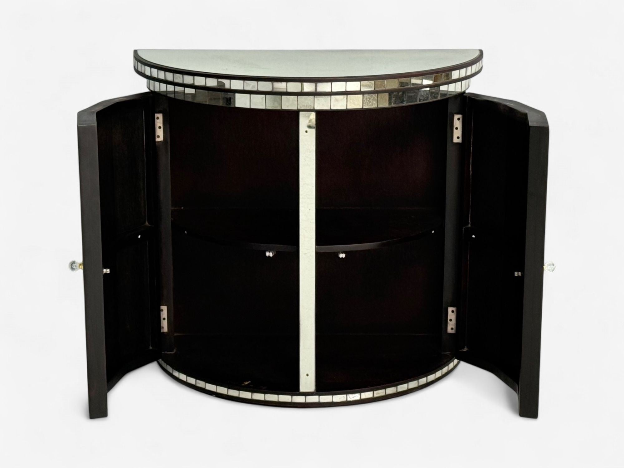 Hollywood Regency Style, Distressed Glass, Mirrored Demilune Cabinet