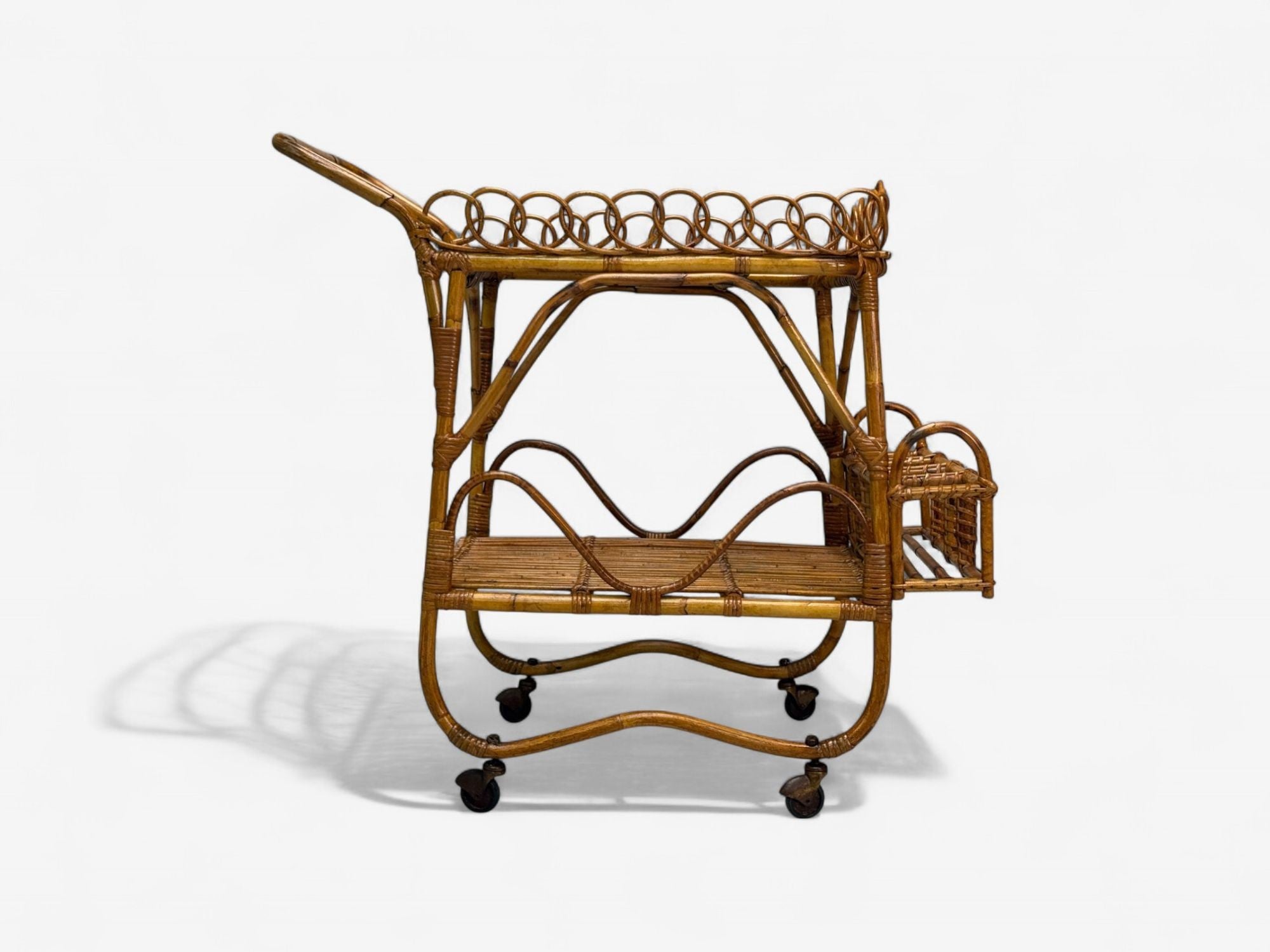 Italian Modern, Bamboo, Rattan, Metal, Bar Cart, Italy, 1960s
