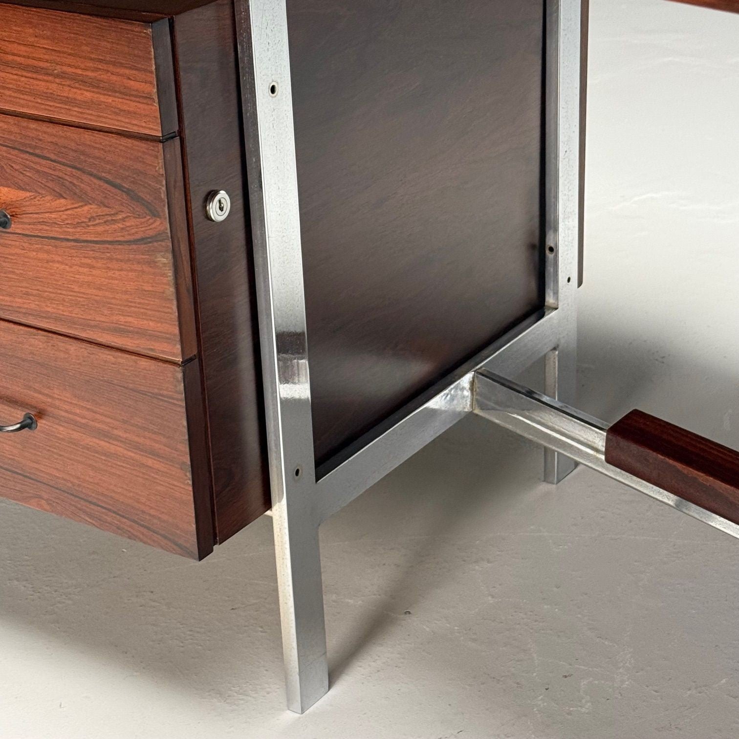 Italian Mid-Century Modern, Demilune Writing Desk, Rosewood, Steel, Italy, 1950s