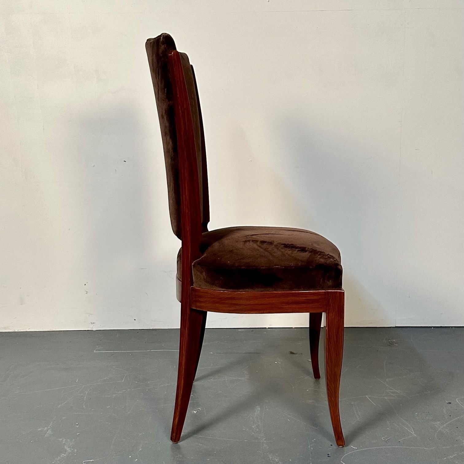 Six French Art Deco Walnut Dining / Side Chairs, Brown Velvet, Ruhlman Style