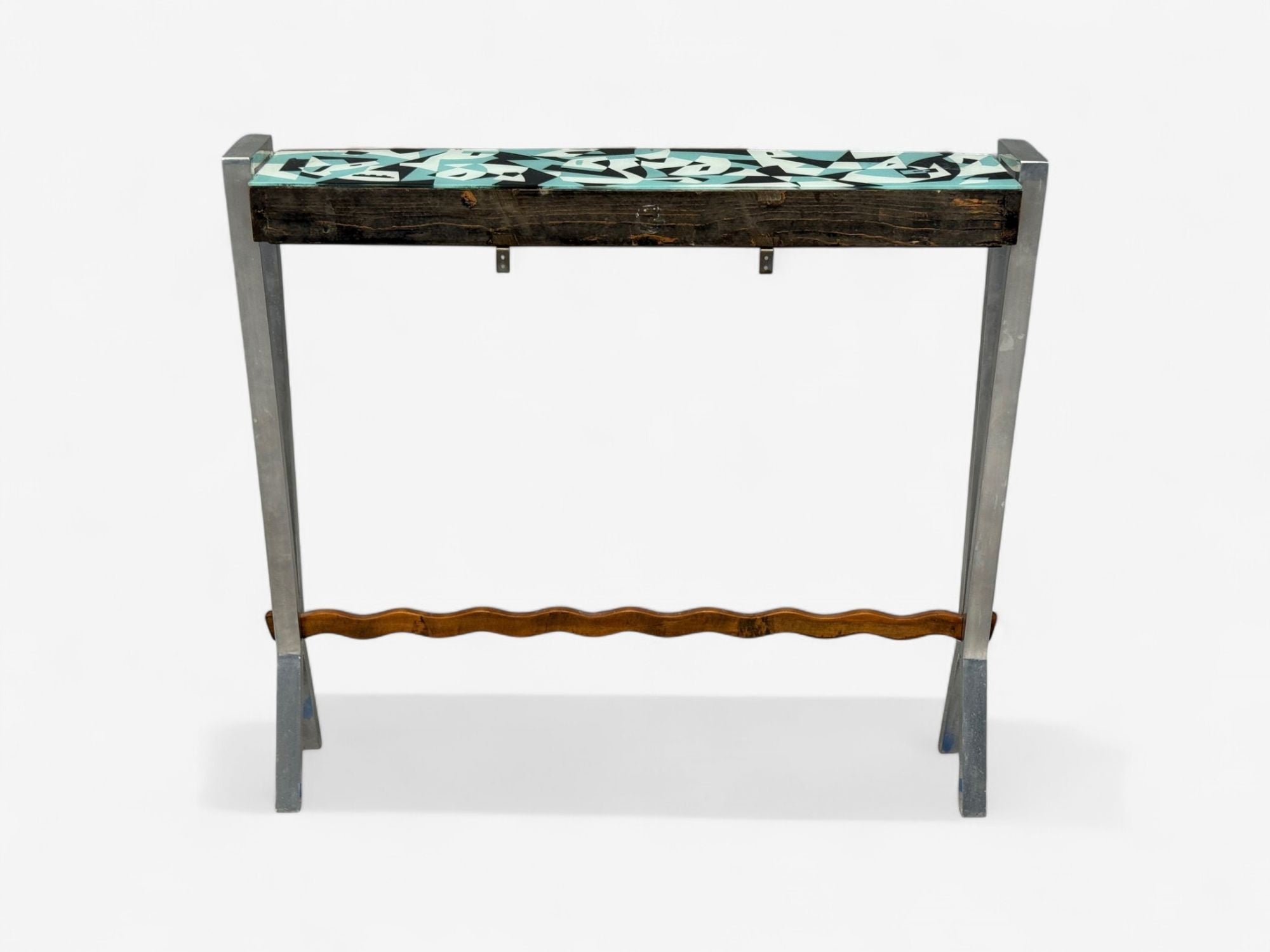 Italian Modern, Painted Glass, Ash Wood, Metal, Console Table, Italy, 1960s
