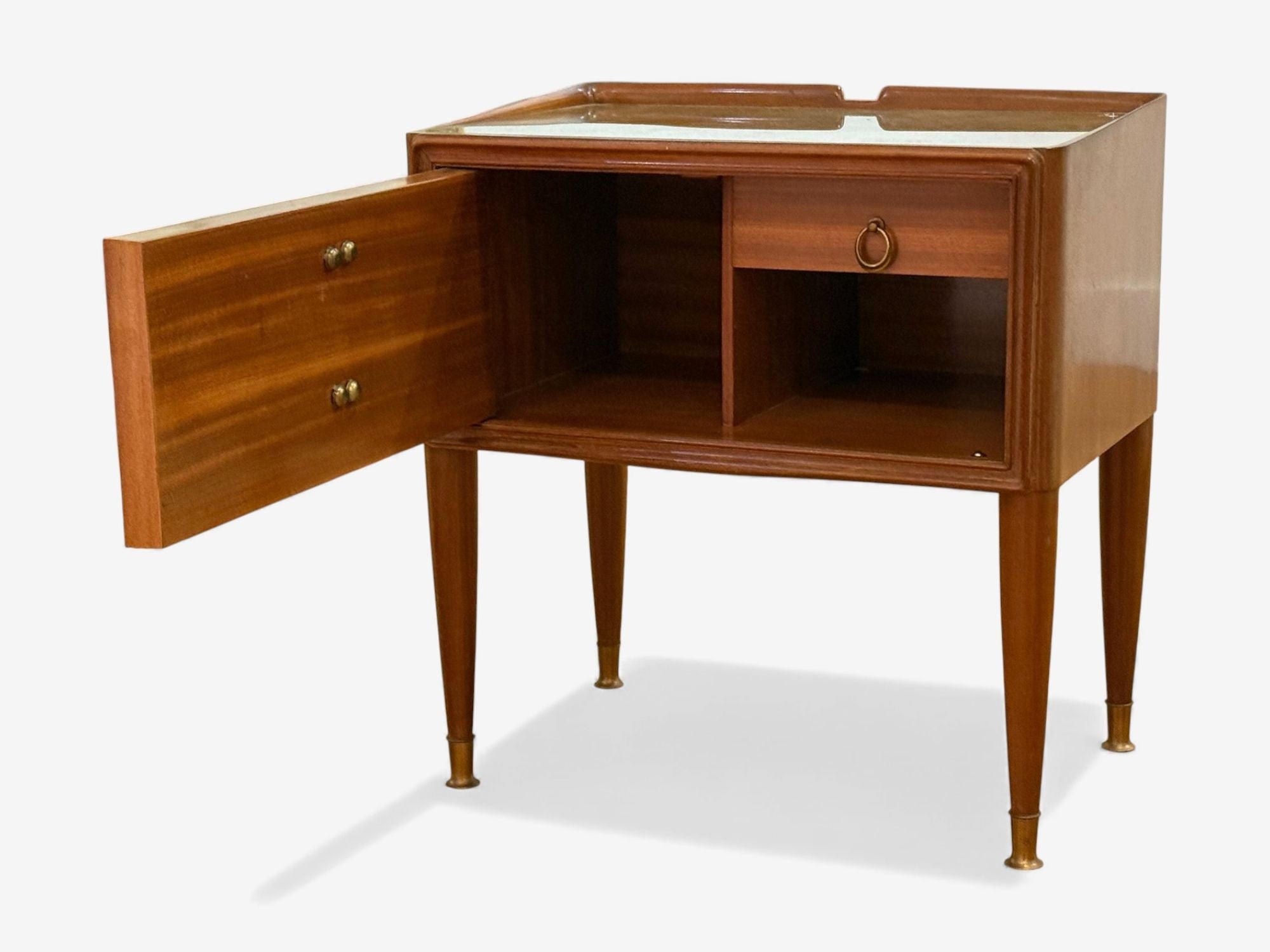 Italian Modern, Stained Wood, Brass, Glass, Nightstands, Italy, 1950s