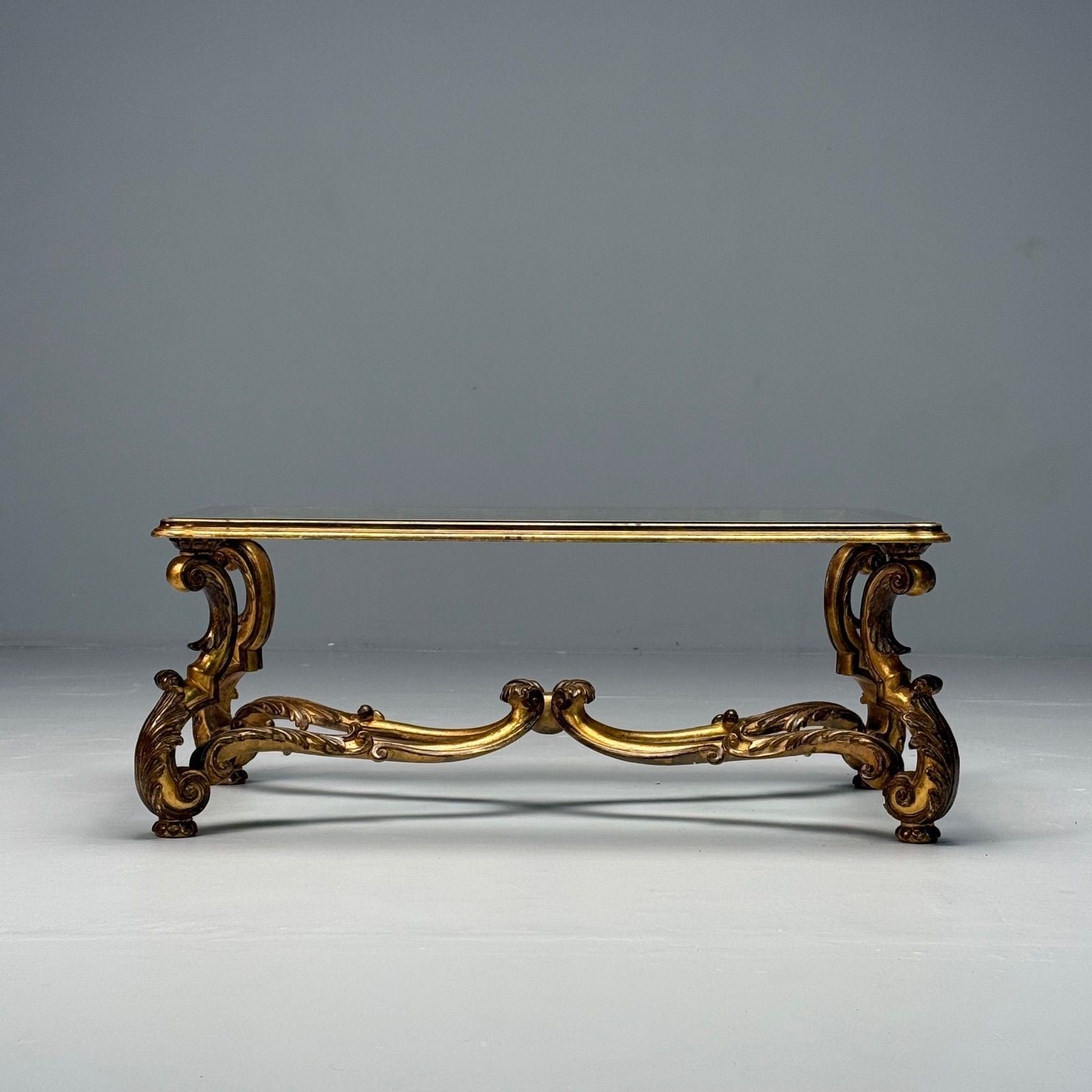 Hollywood Regency, Coffee Table, Gilt Wood, Gold Leaf, Glass, Italy, 1960s