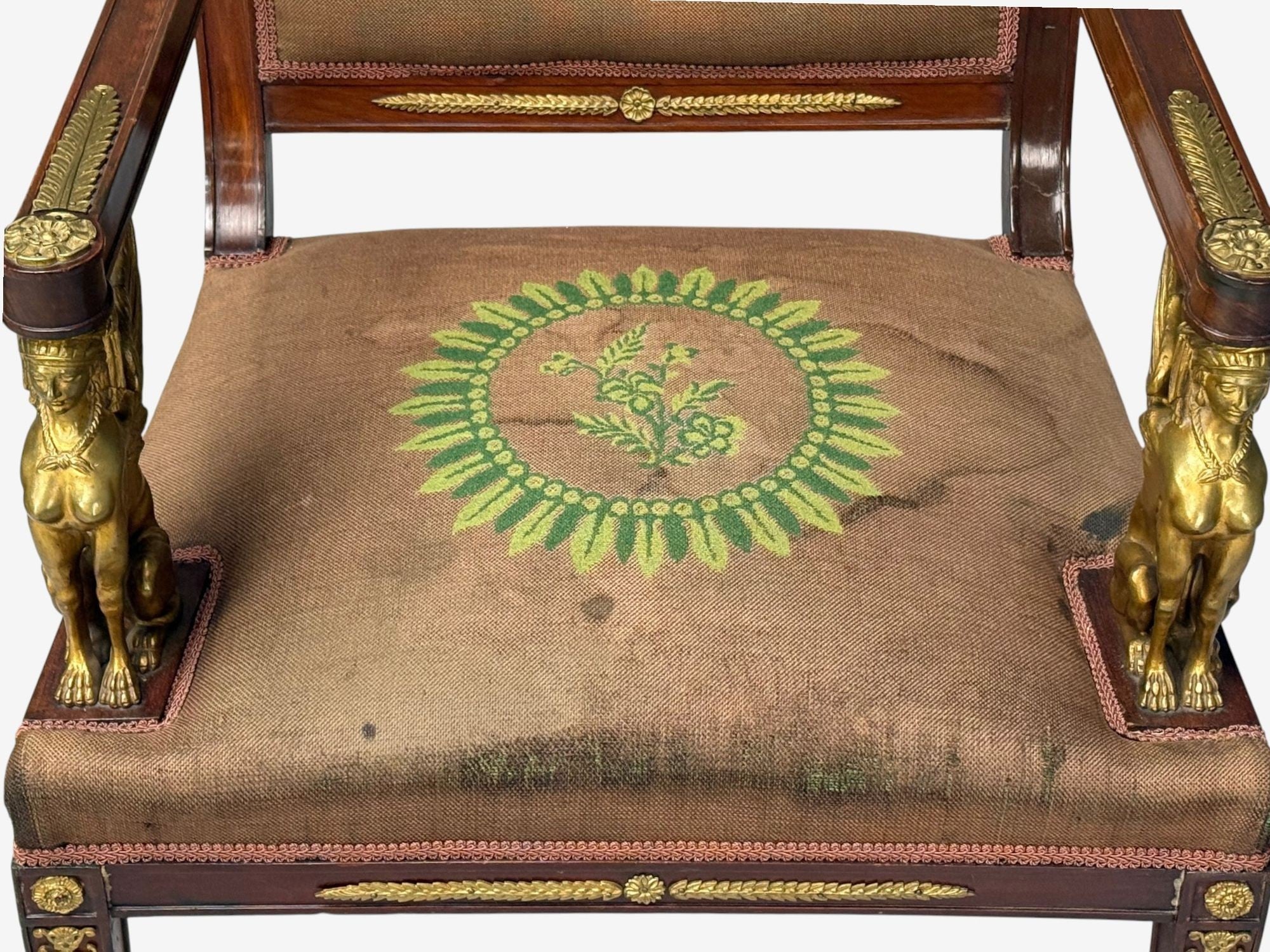 French Empire Revival, Bronze, Mahogany, Tapestry, Armchairs, France, 19th c.