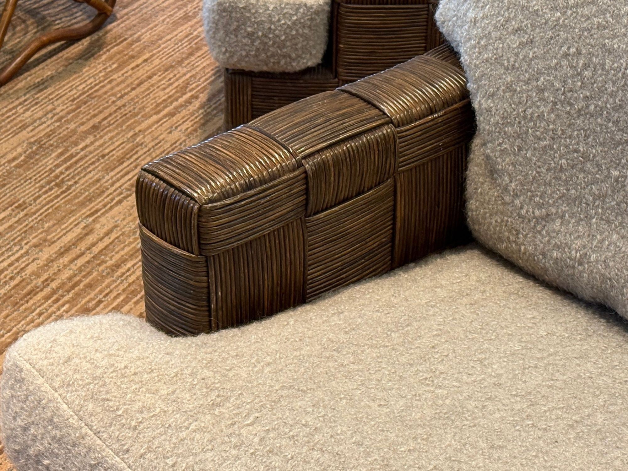 John Hutton, Woven Cane, Mahogany, Oversized Lounge Chairs, USA, 1990s