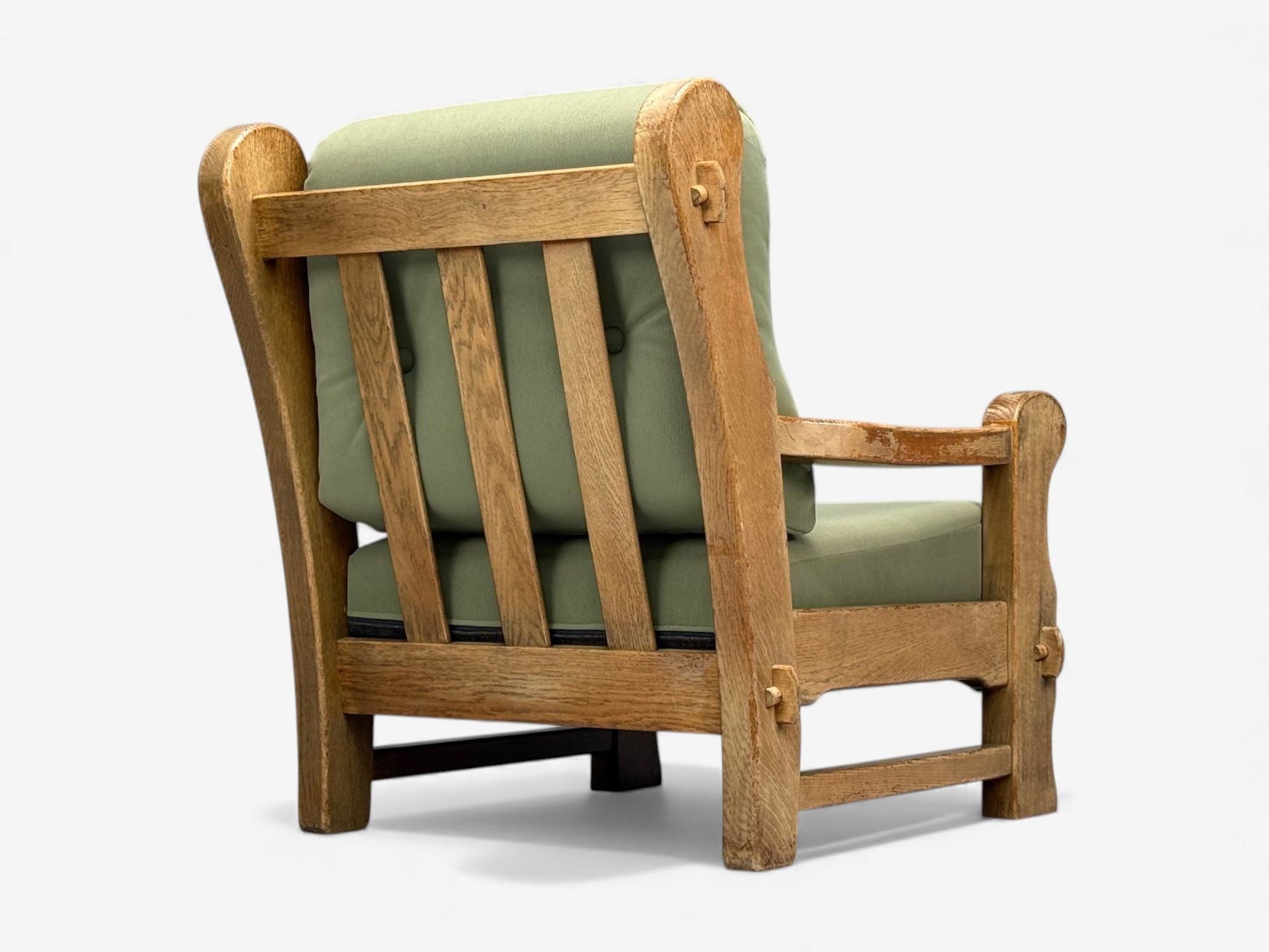 Danish Modern, Oak, Green Nubuck, Brutalist Lounge Chair, Denmark, 1960s