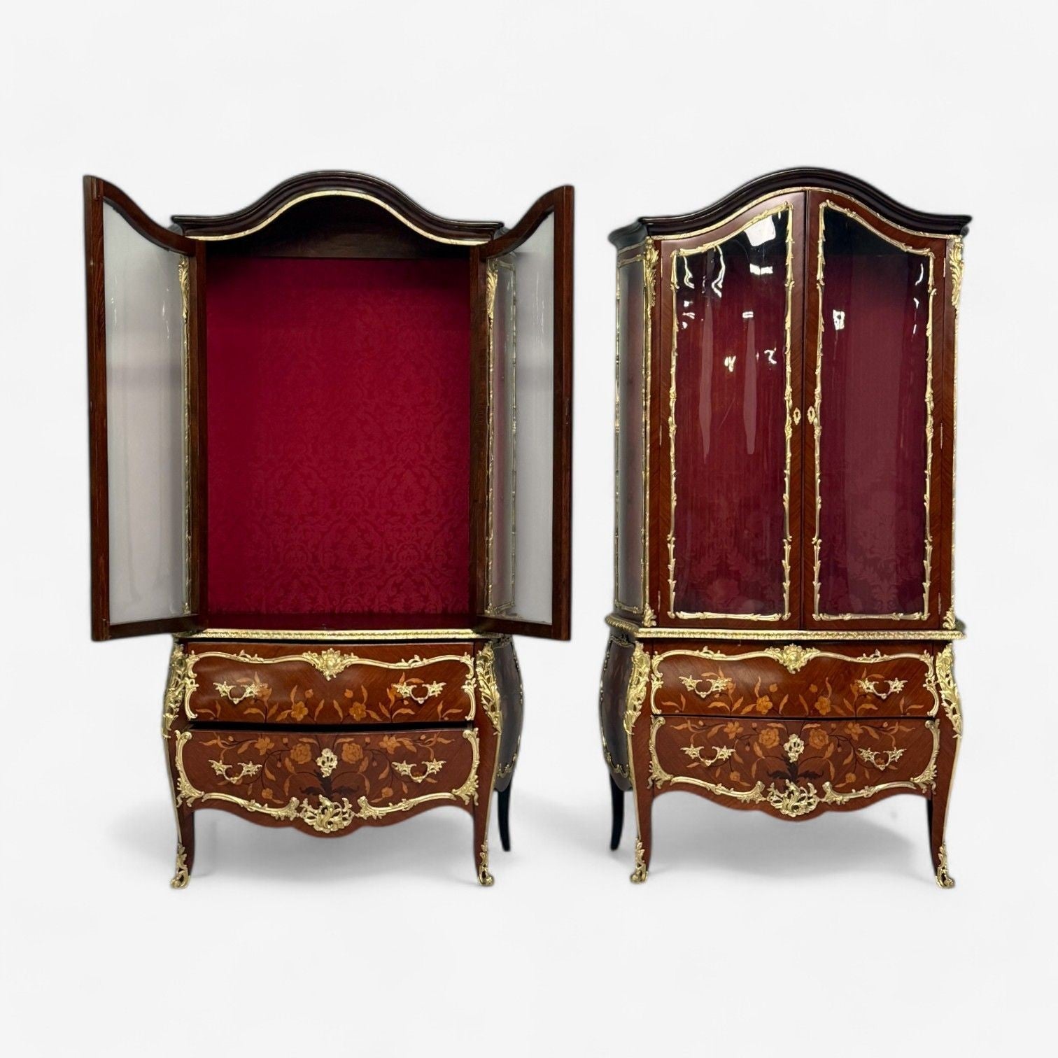 Louis XV Style, Bombe Vitrines, Ormolu Bronze, Inlaid Marquetry, France, 19th