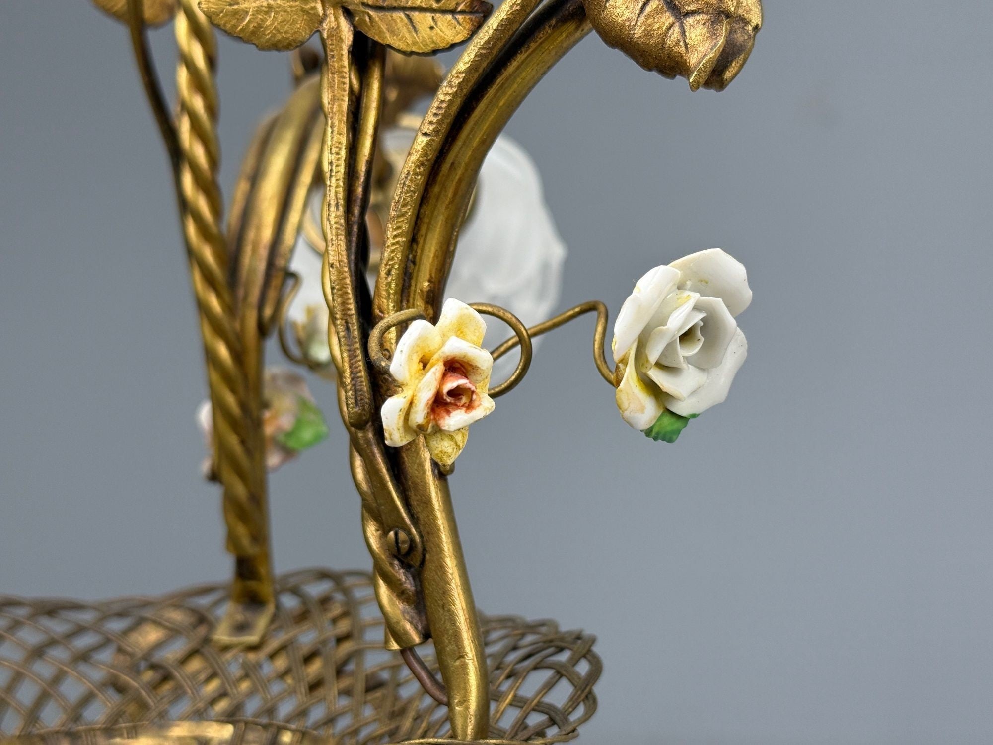 Belle Epoque Style, Basket Chandelier, Bronze, Porcelain, 1940s