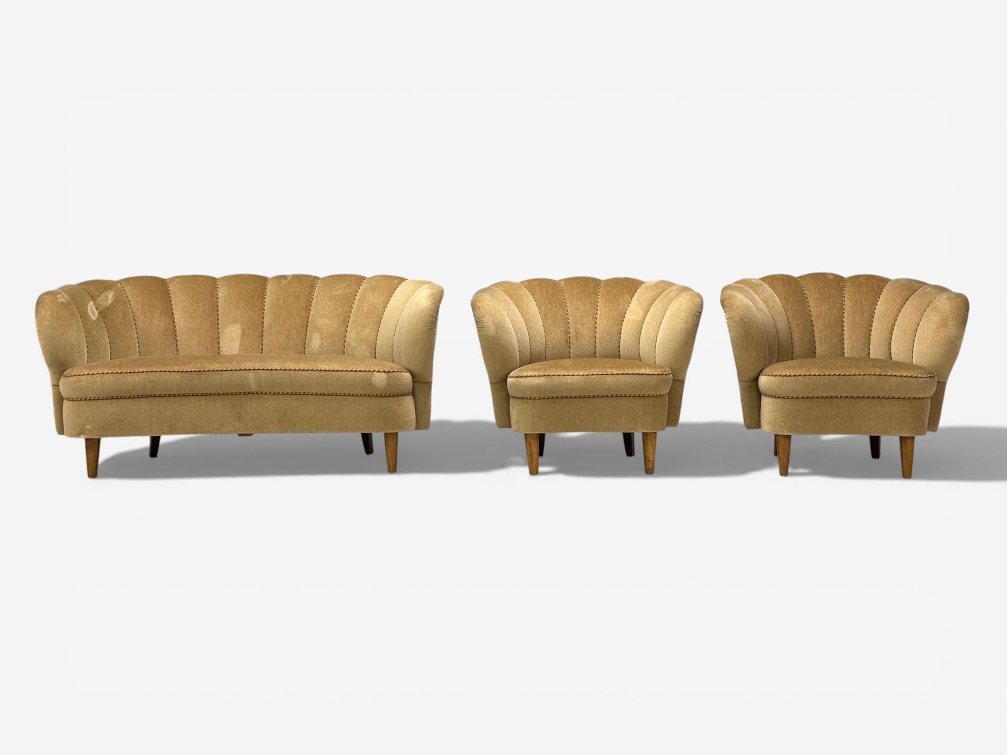 Finnish Modern, Lounge Chairs, Beige Velvet, Wood, Finland, 1950s