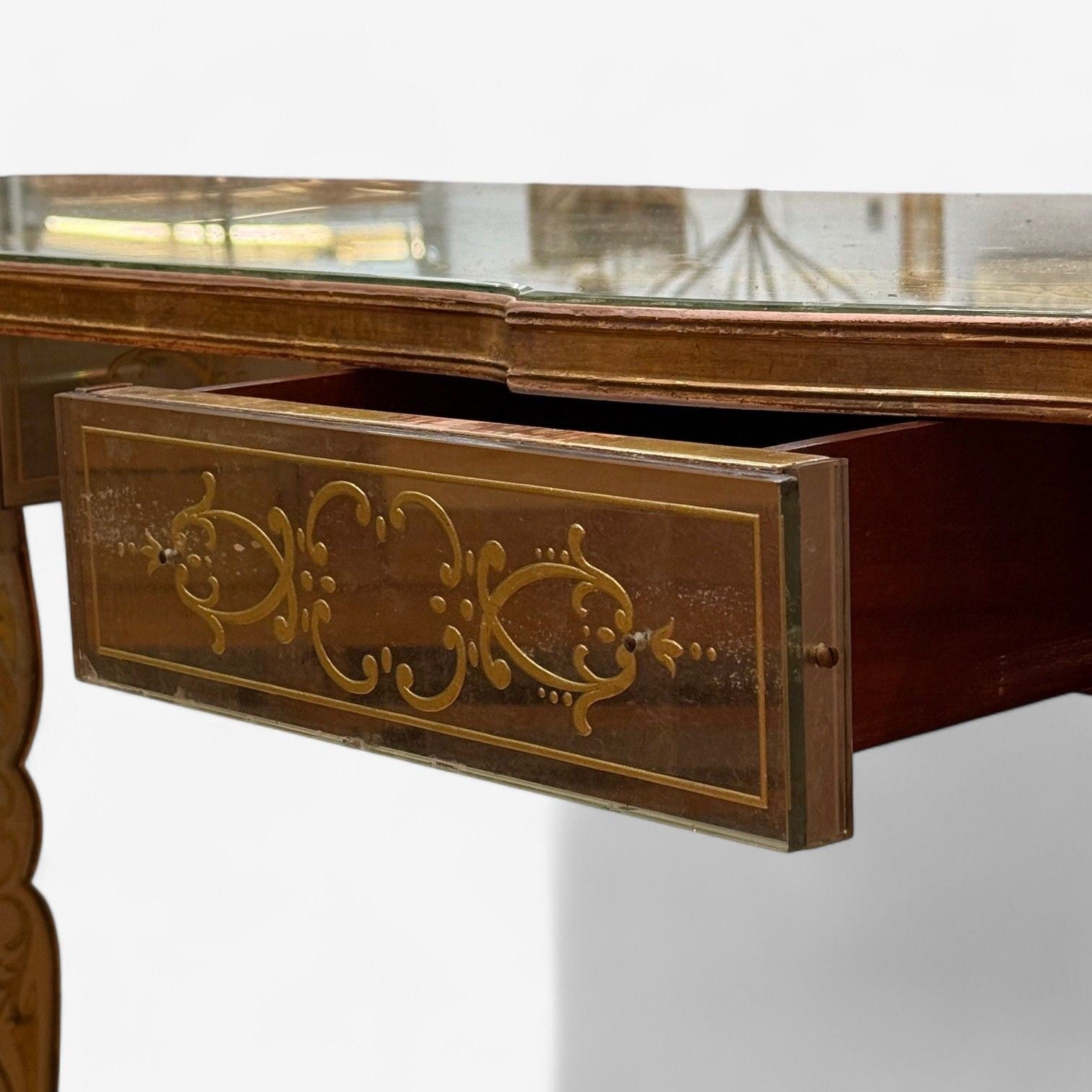 Maison Jansen, Hollywood Regency, Vanity, Eglomise Glass, Silver Leaf, 20th C.