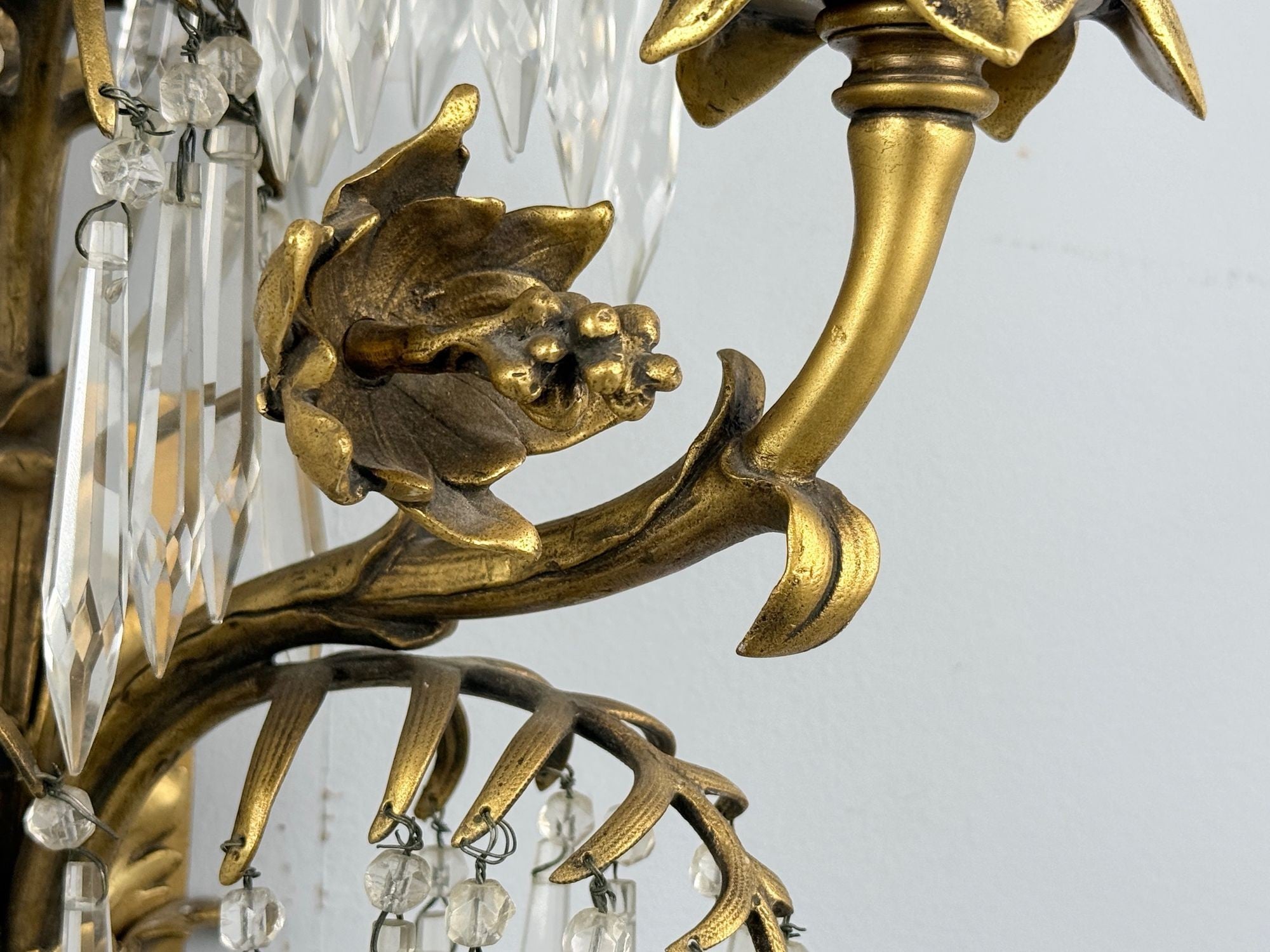French Louis XV, Bronze, Cut Crystal, Large Wall Sconces, France, 1930s