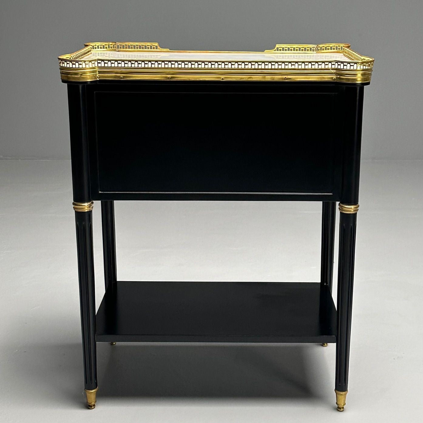 Maison Jansen Style, Hollywood Regency, Brass, Marble, Ebonized Nightstands