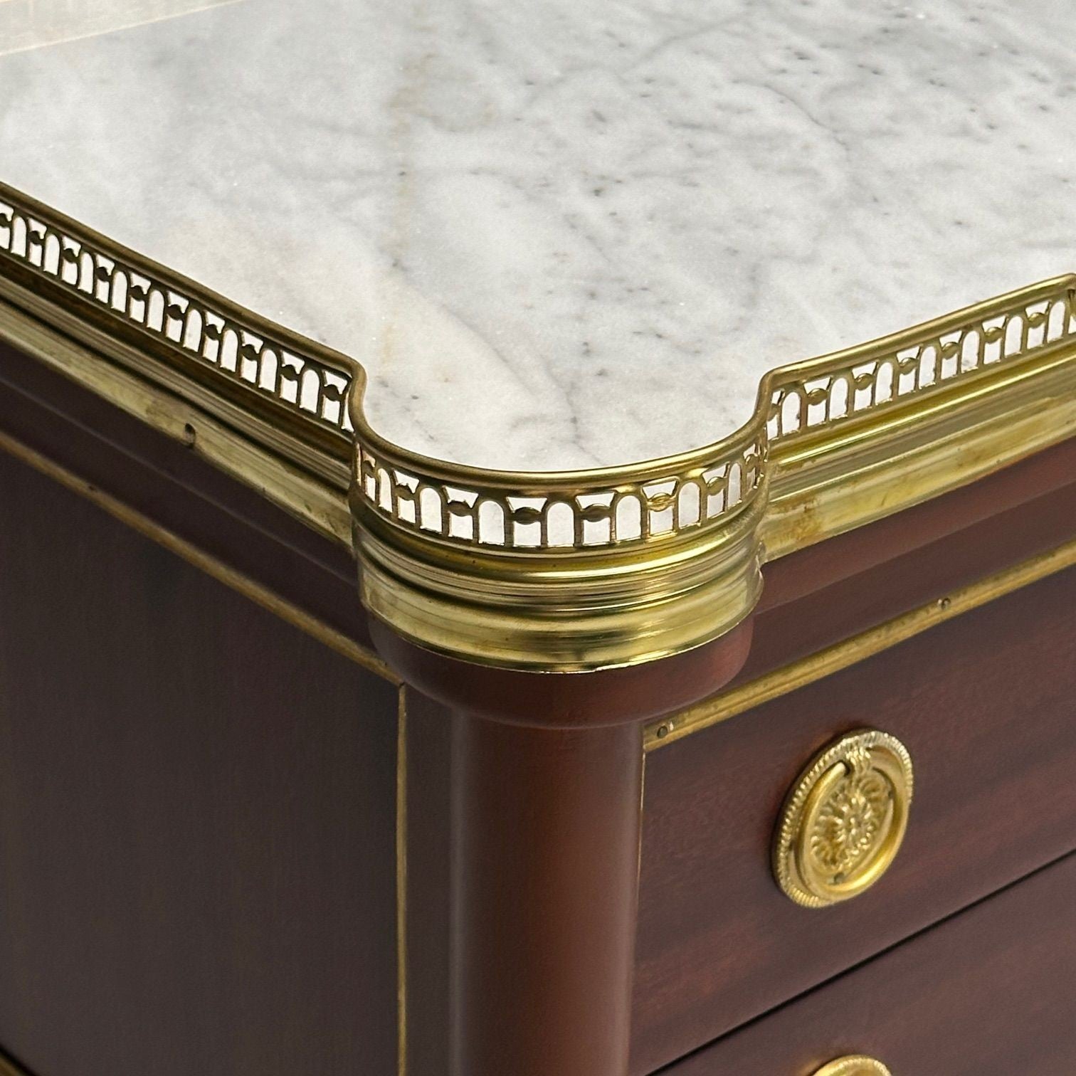 Maison Jansen Style, Hollywood Regency, Mahogany, Marble, Brass, Nightstands