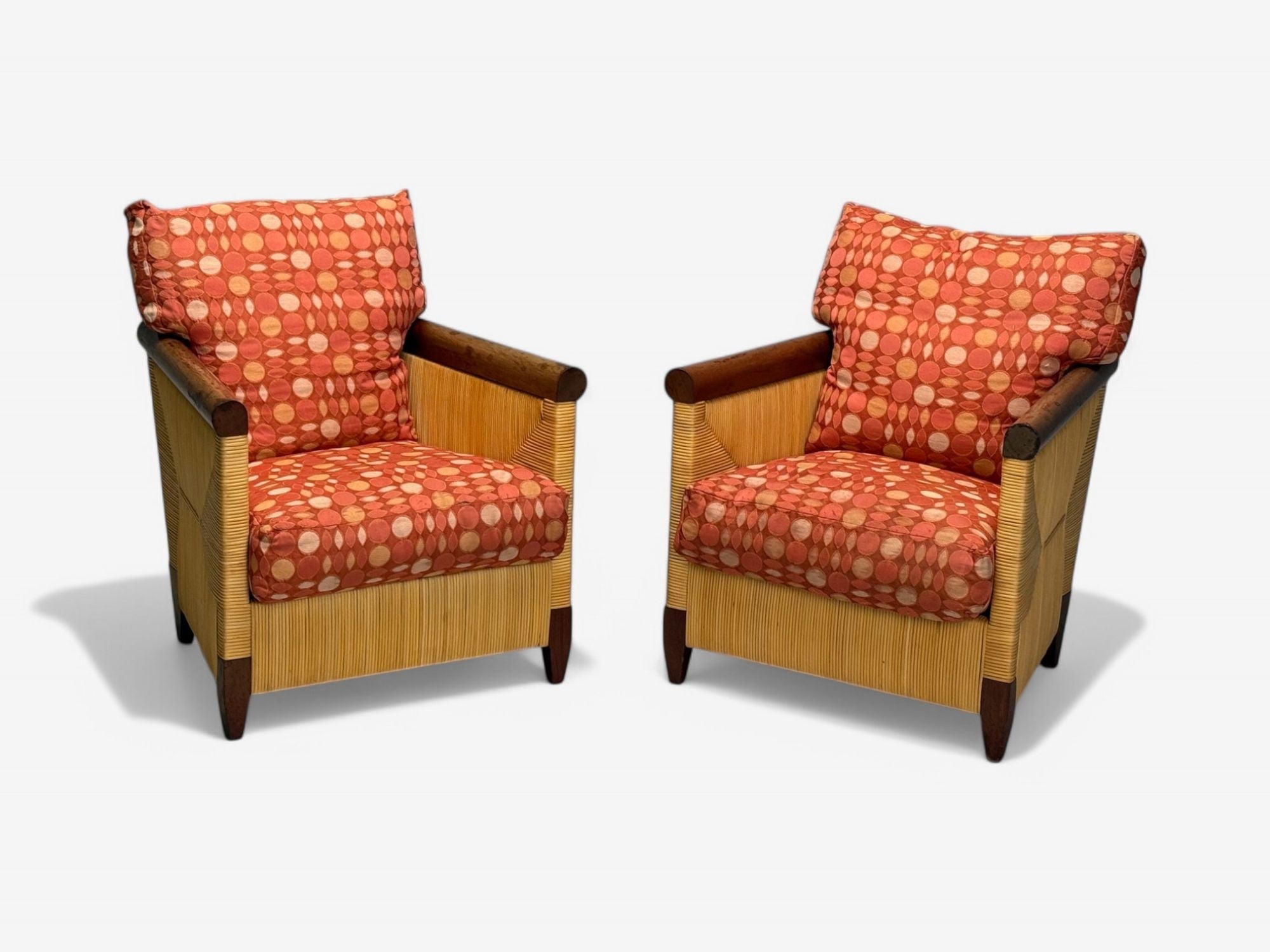 John Hutton, Donghia, Mahogany, Wicker Cane, Merbau Lounge Chairs, USA, 1995