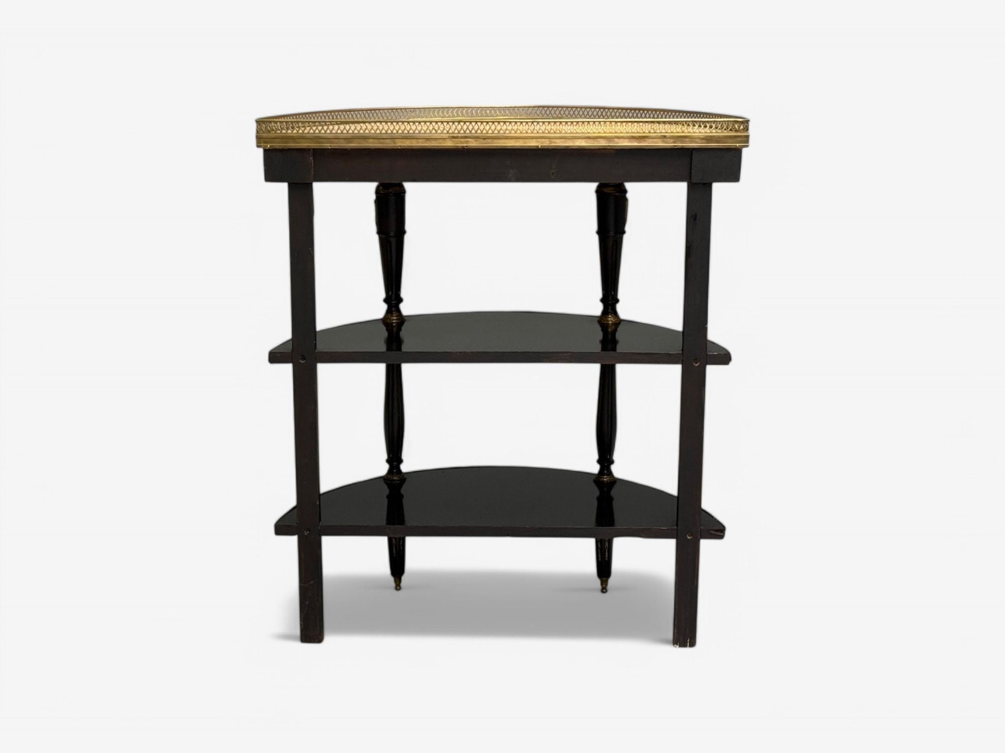 Hollywood Regency, Ebony Painted Wood, Onyx, Demilune Console Tables, 1930s
