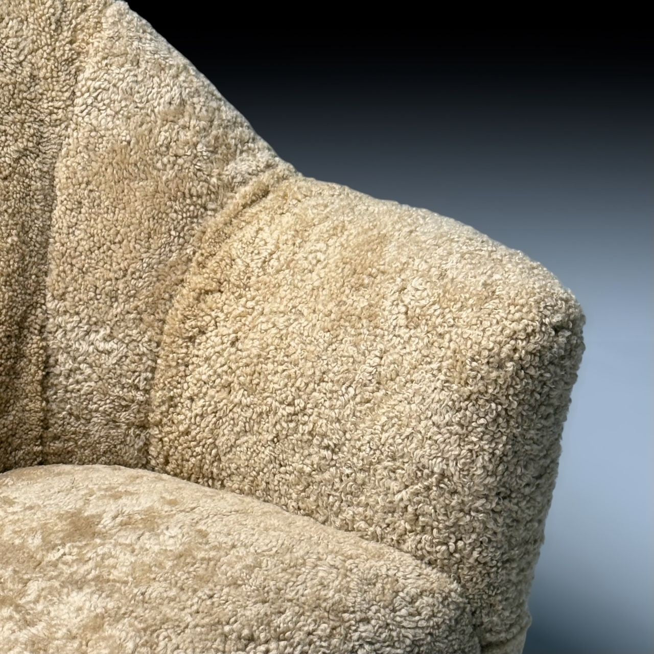 Italian Modern, Honey Shearling, Stained Wood, Lounge Chairs, Italy, 1950s