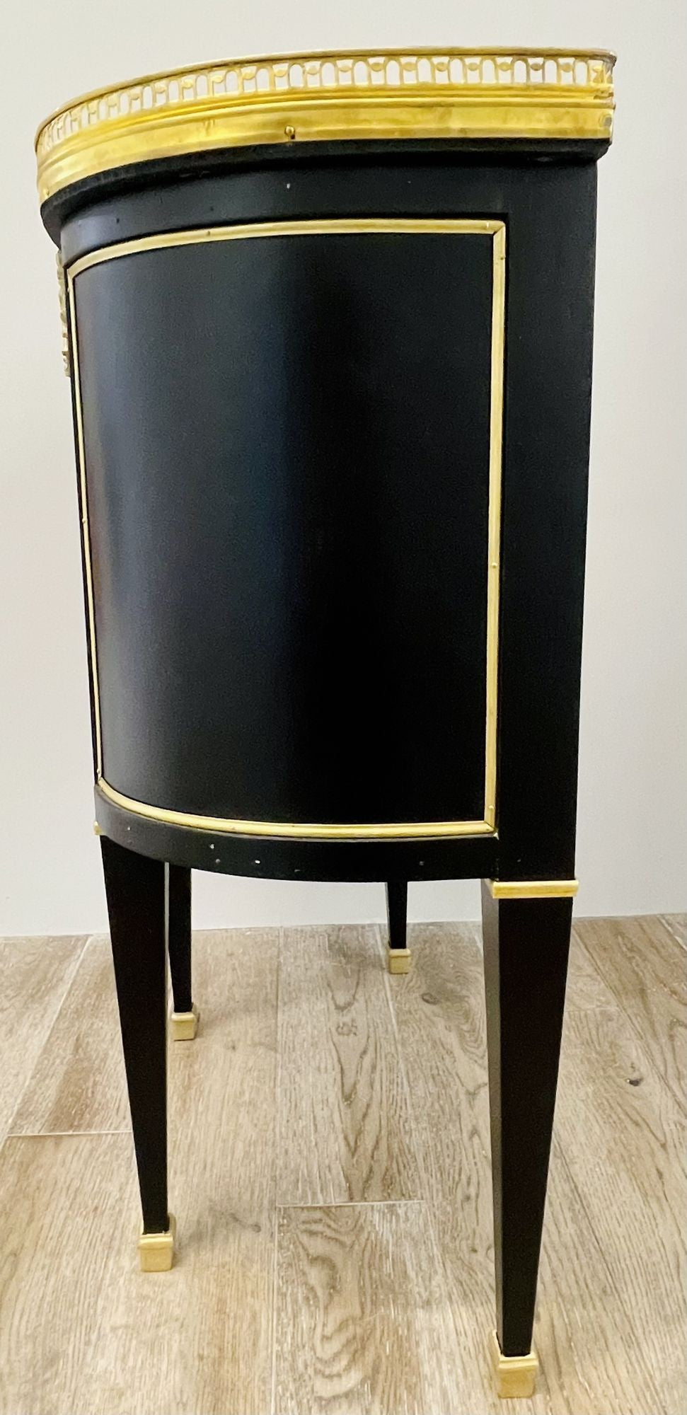 Pair of Jansen Inspired Marble-Top Galleried Ebonized End Tables / Nightstands