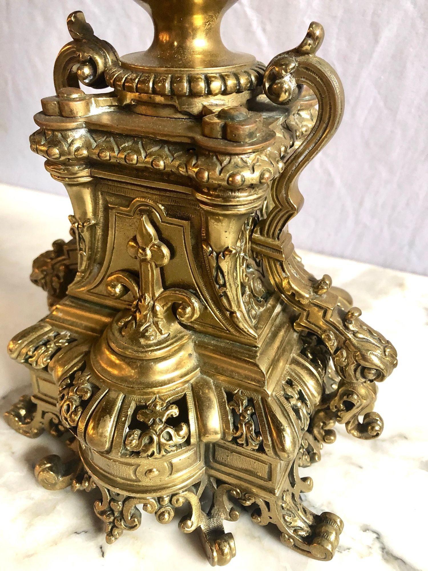 19th Century Gothic Style J.E. Caldwell Gilt Bronze Clock Garniture Set