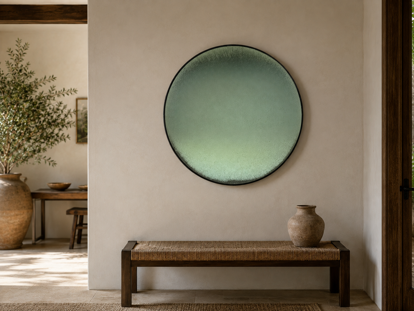 Modern, Space Age Wall Mirror, Green Convex Glass, Painted Wood, 21st c.