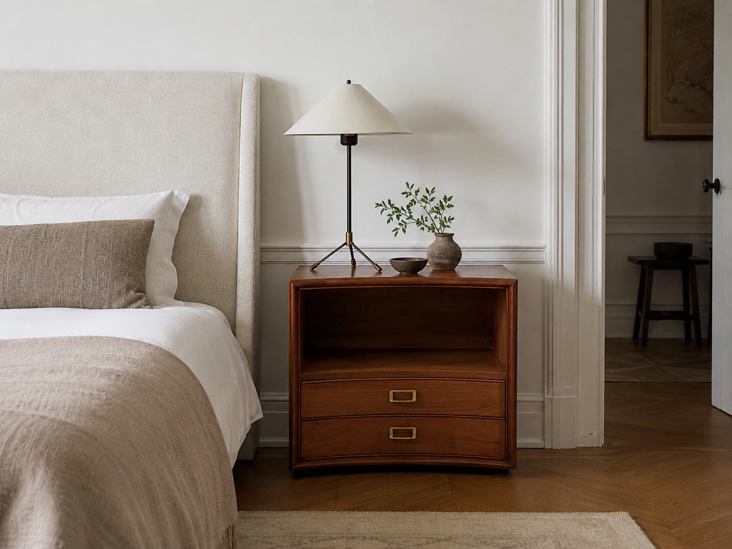 Paul Frankl, John Stuart, Concave Nightstands, Walnut, Brass, USA, 1950s
