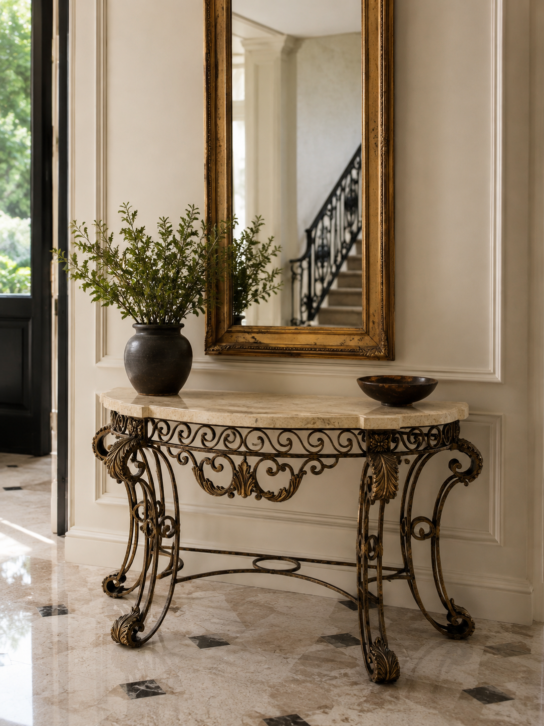 Maitland Smith, Console Table, Gilt Metal, Tesselated Marble, Philippines, 1980s