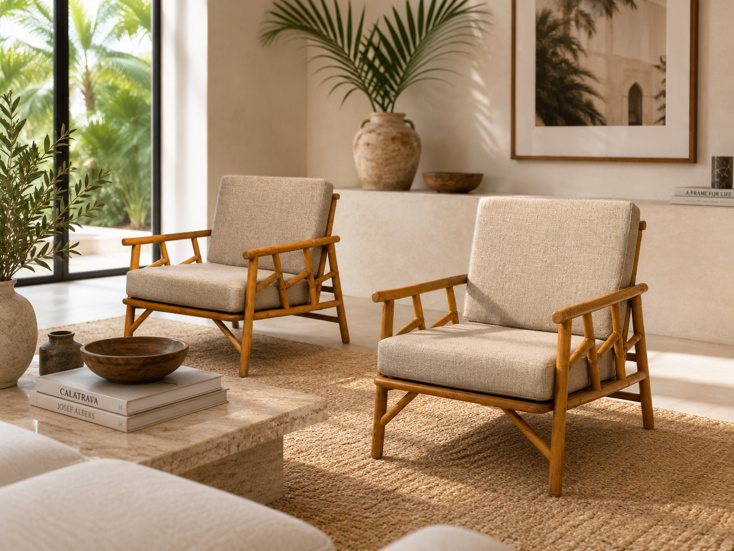 Ficks Reed, Lounge Chairs, Bamboo, Cane, Beige Tweed, USA, 1950s