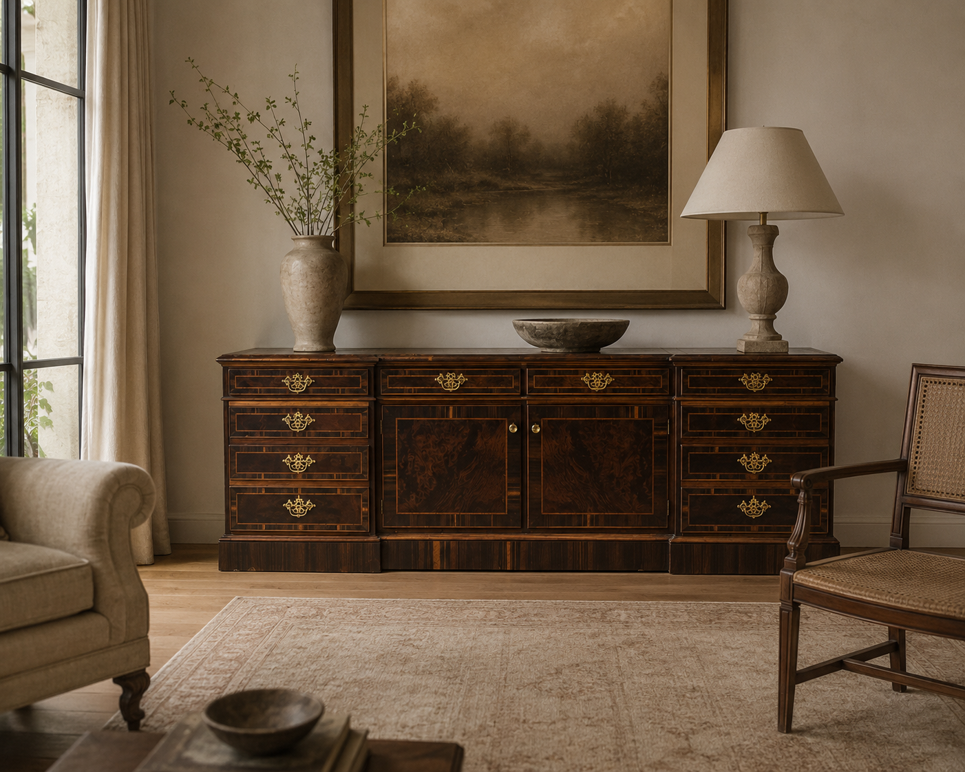 Georgian, Circassian Walnut, Burlwood, Brass, Sideboard, USA, 1980s