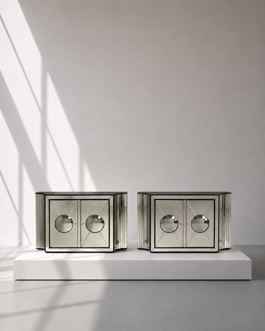 Art Deco Style, Antique Glass, Painted Wood, Concave Mirrored Cabinets