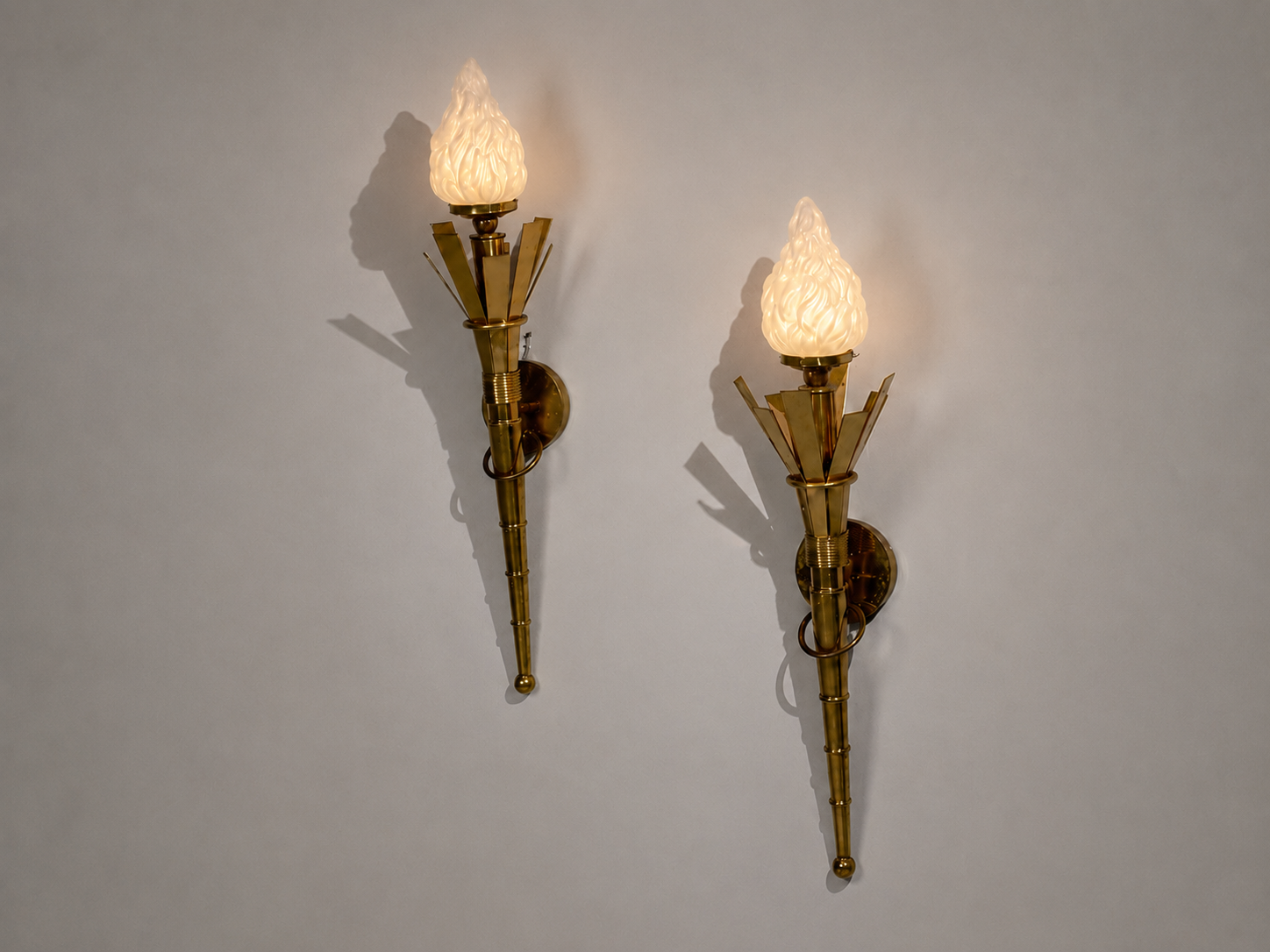 Neoclassical, Monumental Torchiere Wall Sconces, Brass, Glass, 20th c.