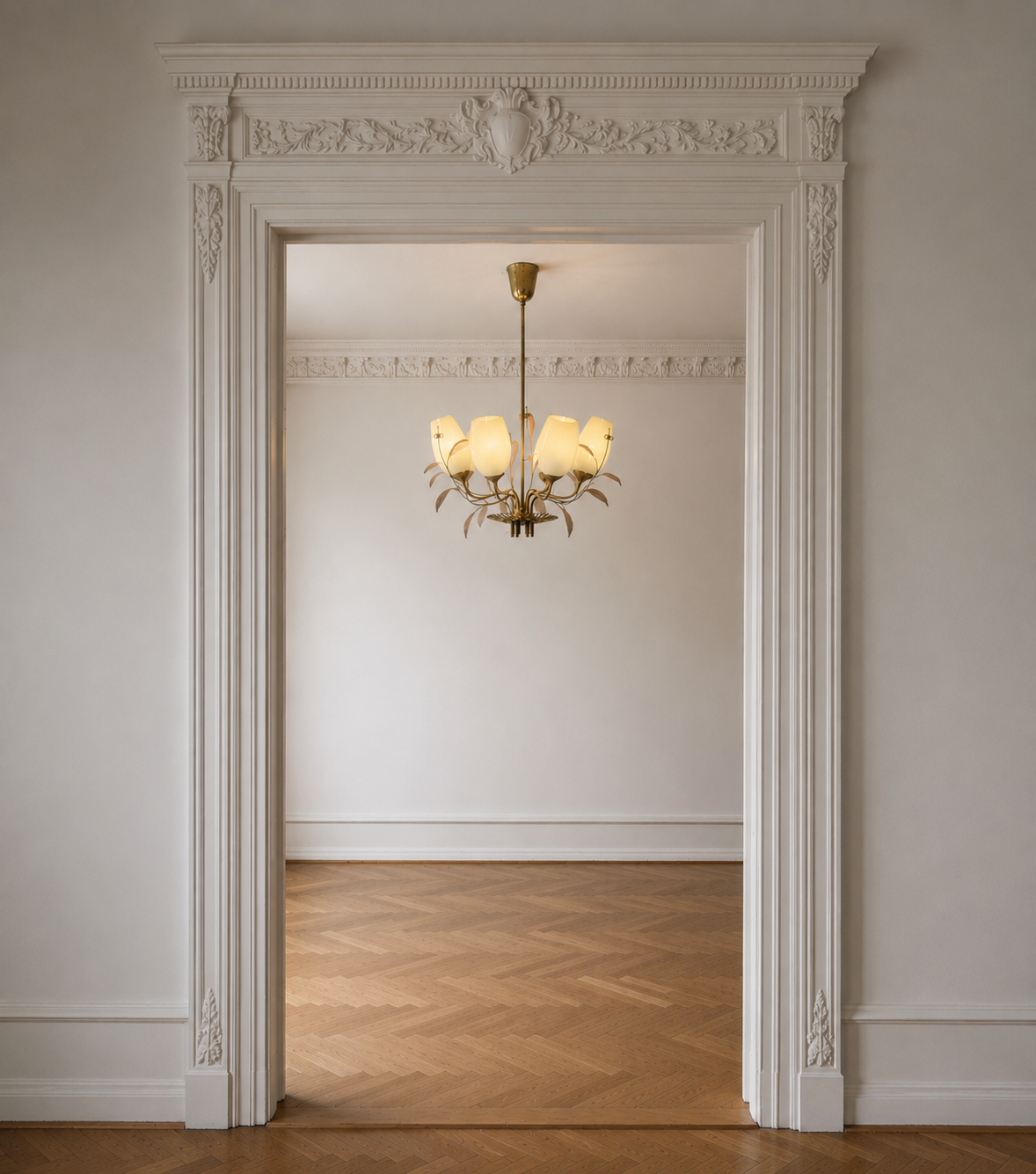 Paavo Tynell, Chandelier, Milk Glass, Brass, Finland, 1950s