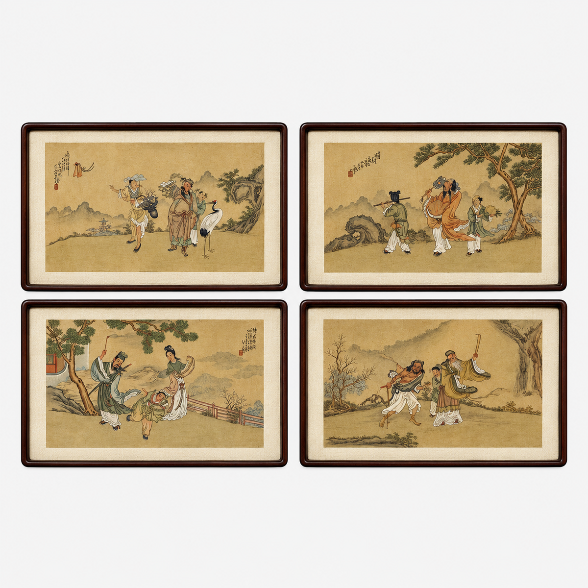 Chinese Export, Hand-Painted Figural Scenes, Rosewood Frames, China, 19th c.