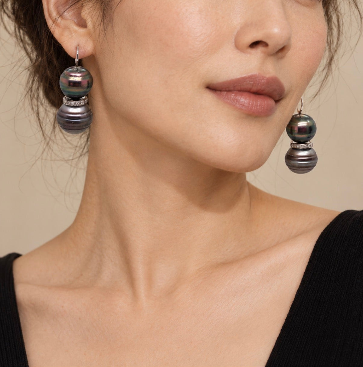 Double Black Baroque Pearl and Pave Diamond Drop Earrings
