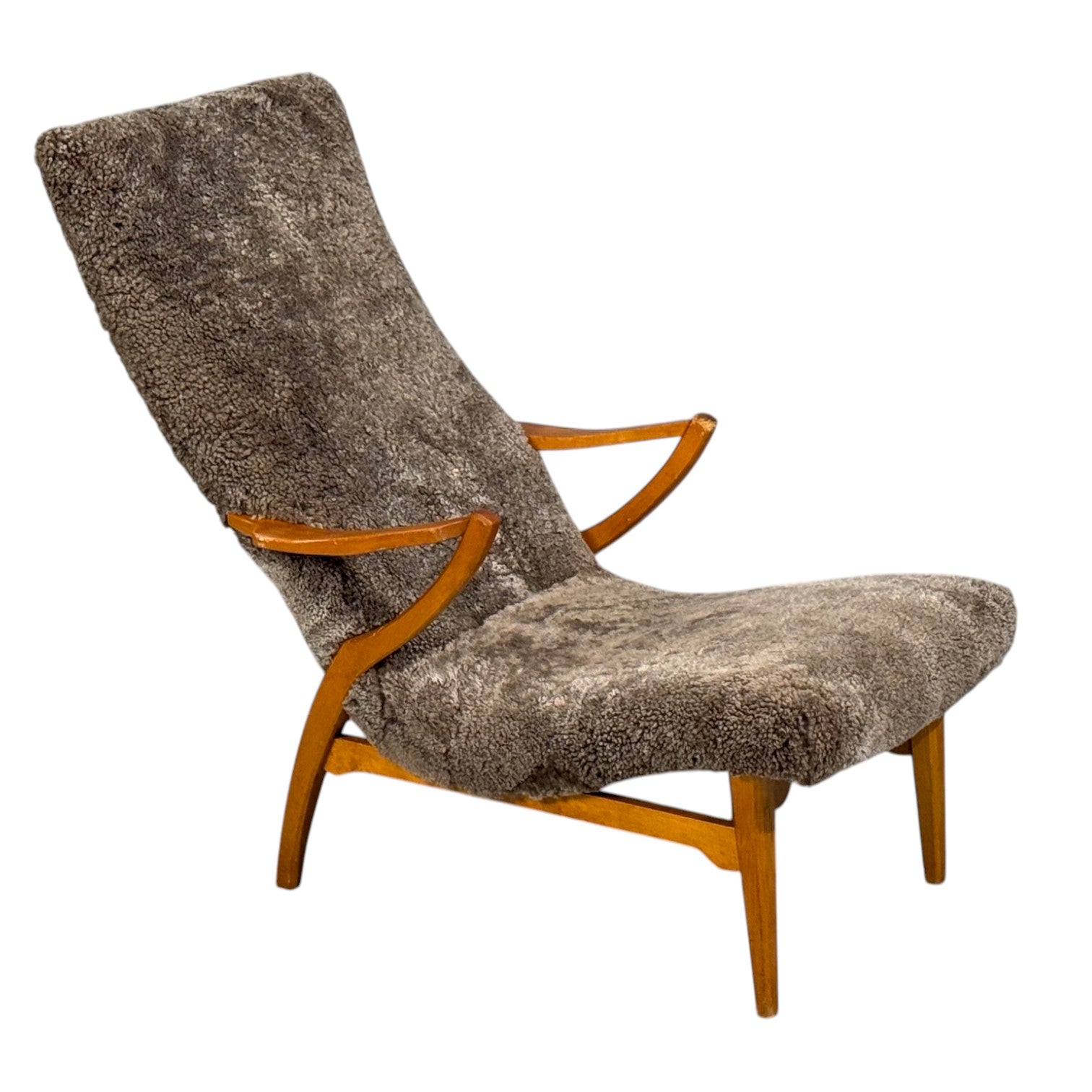 JIO Möbler, Chaise Lounge, Gray Shearling, Elm, Sweden, 1960s
